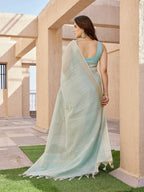 Jyoti Fashion Women's Sea Green Soft Tissue Linen Silk Zari Woven Saree with Blouse - Distacart