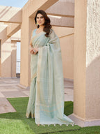 Jyoti Fashion Women's Sea Green Soft Tissue Linen Silk Zari Woven Saree with Blouse - Distacart