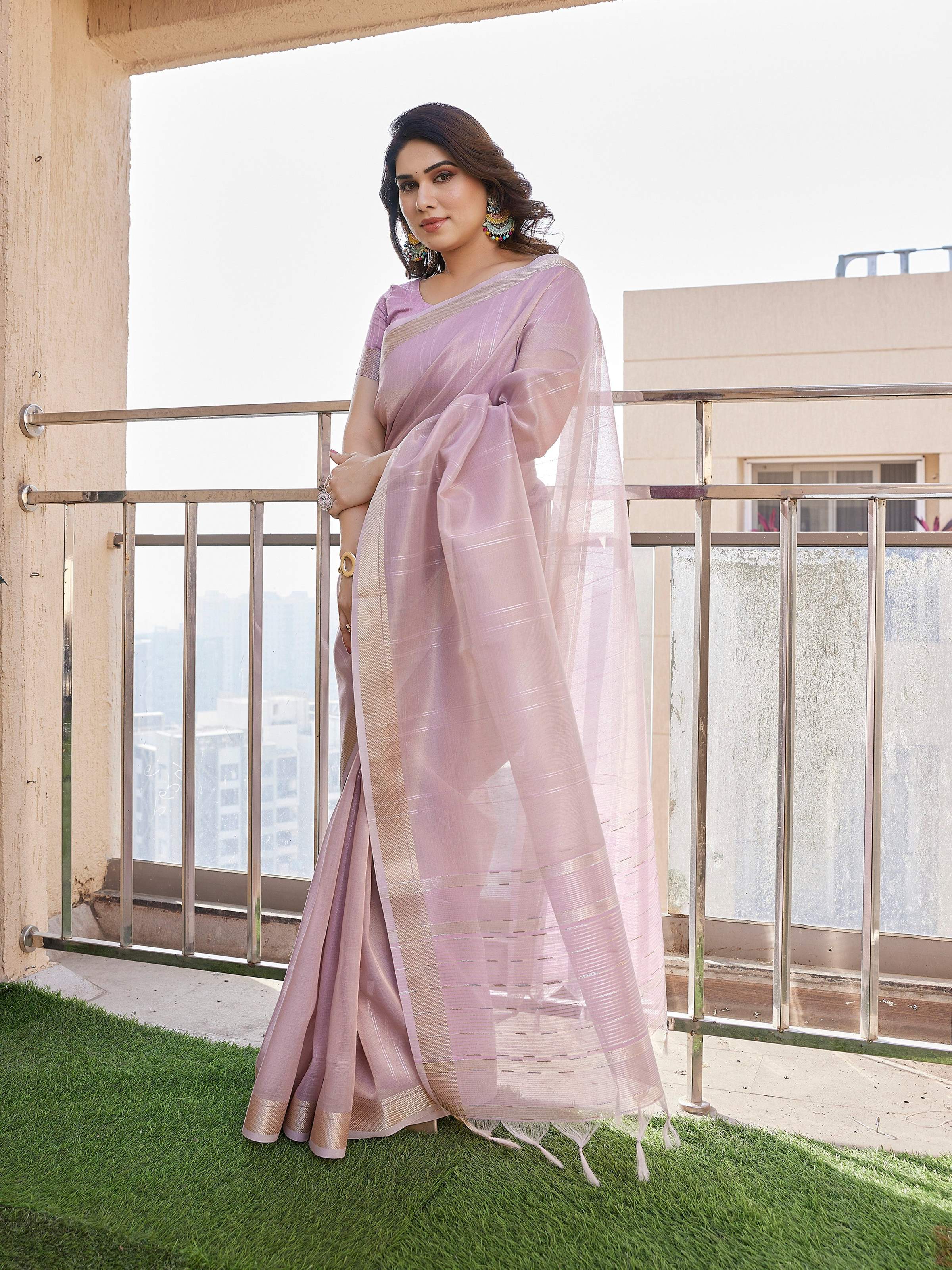 Jyoti Fashion Women's Purple Soft Tissue Linen Silk Zari Woven Saree with Blouse - Distacart