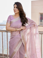 Jyoti Fashion Women's Purple Soft Tissue Linen Silk Zari Woven Saree with Blouse - Distacart