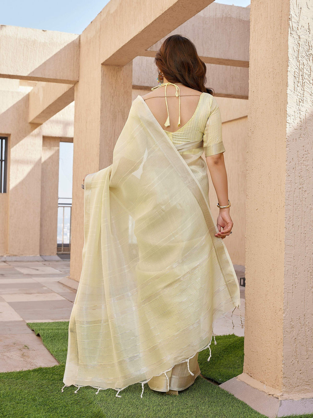 Jyoti Fashion Women's Yellow Soft Tissue Linen Silk Zari Woven Saree with Blouse - Distacart