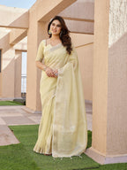 Jyoti Fashion Women's Yellow Soft Tissue Linen Silk Zari Woven Saree with Blouse - Distacart