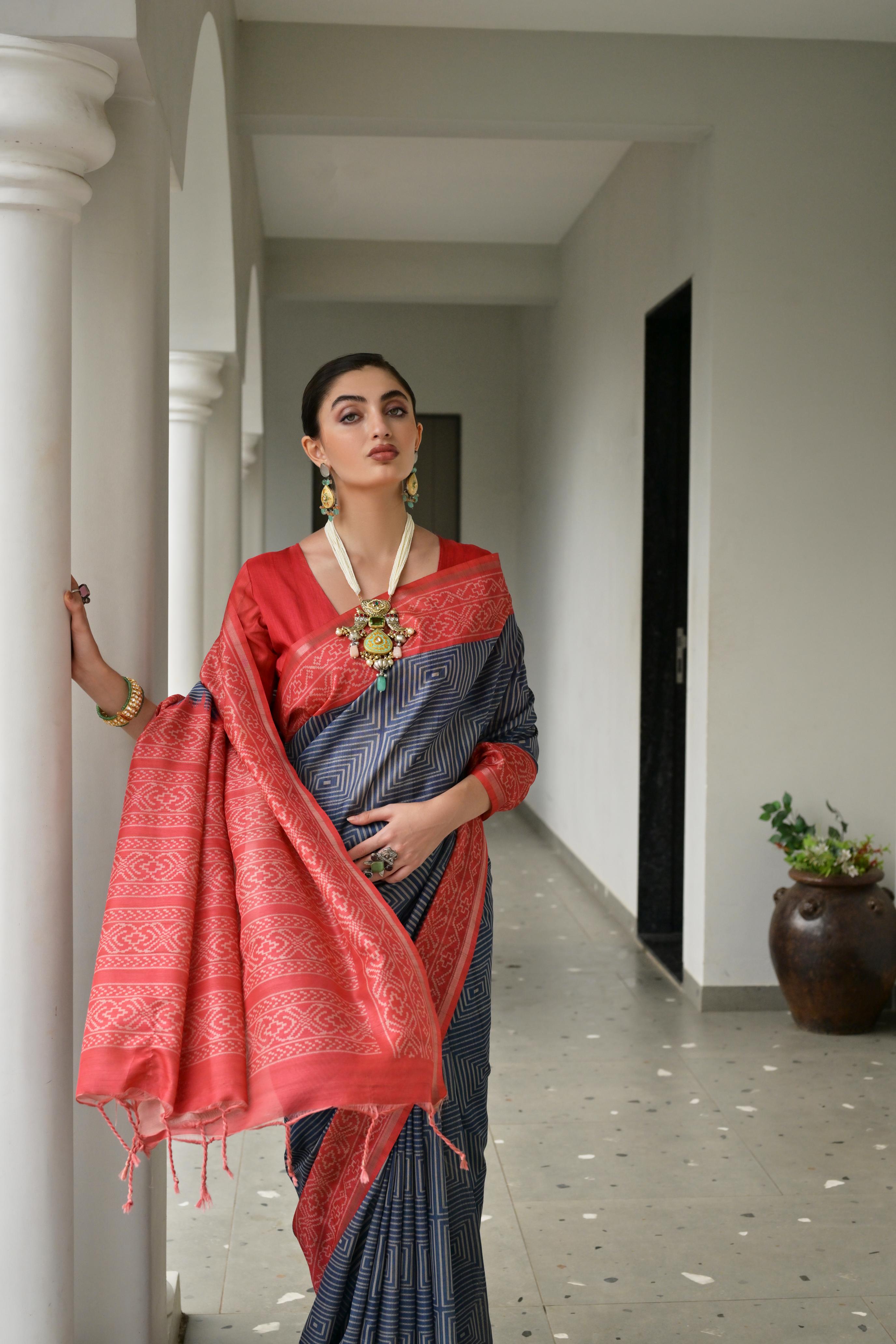 Jyoti Fashion Women's Navy Blue Soft Tussar Silk Ikkat Printed Saree with Blouse - Distacart