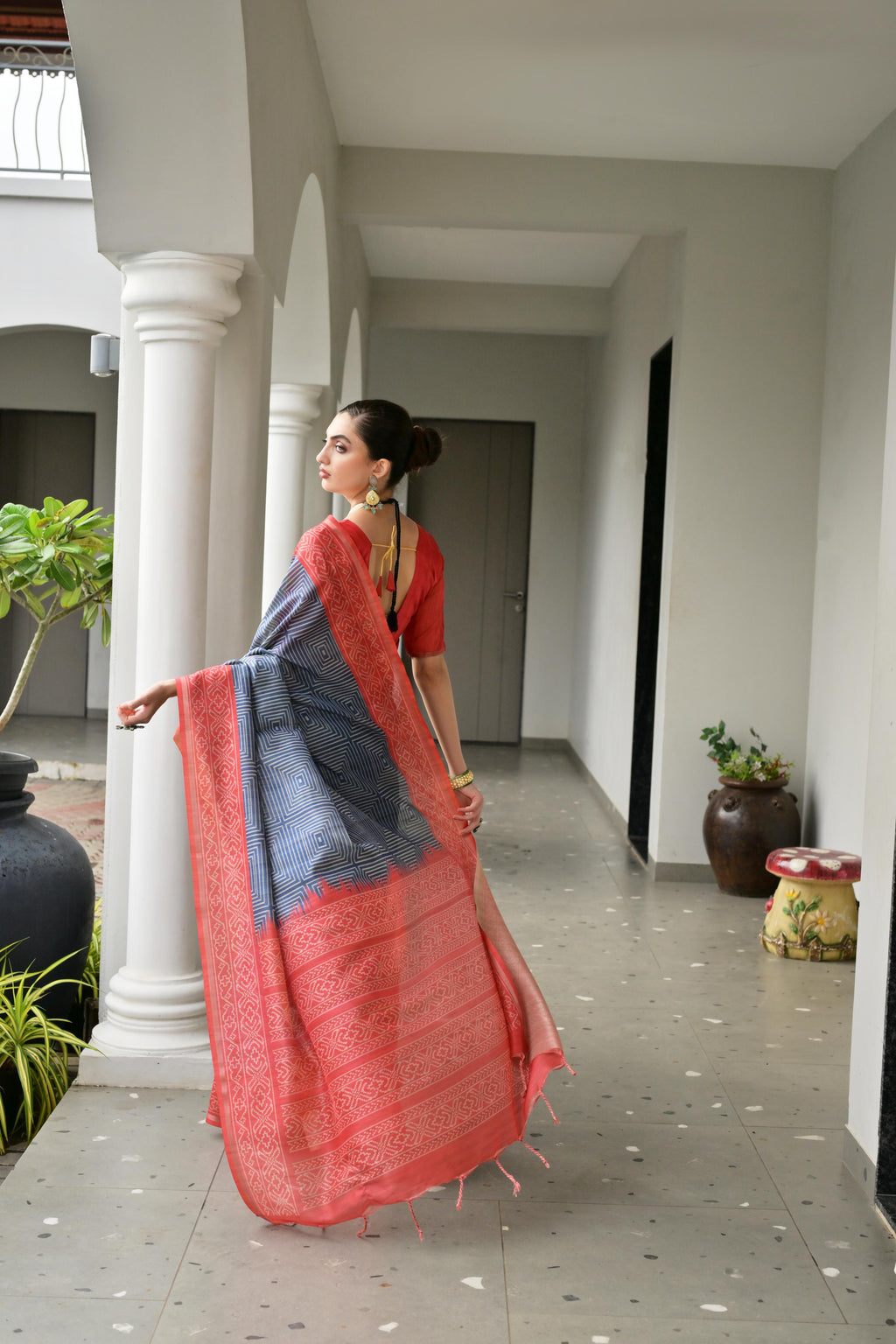 Jyoti Fashion Women's Navy Blue Soft Tussar Silk Ikkat Printed Saree with Blouse - Distacart