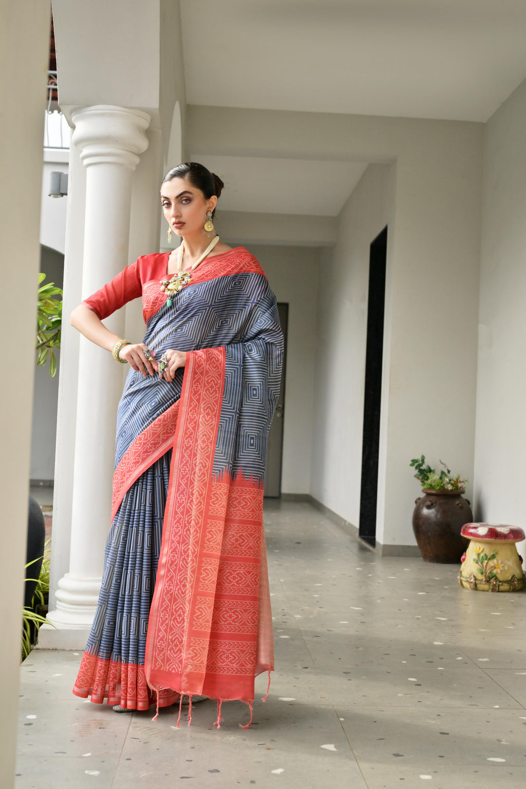 Jyoti Fashion Women's Navy Blue Soft Tussar Silk Ikkat Printed Saree with Blouse - Distacart