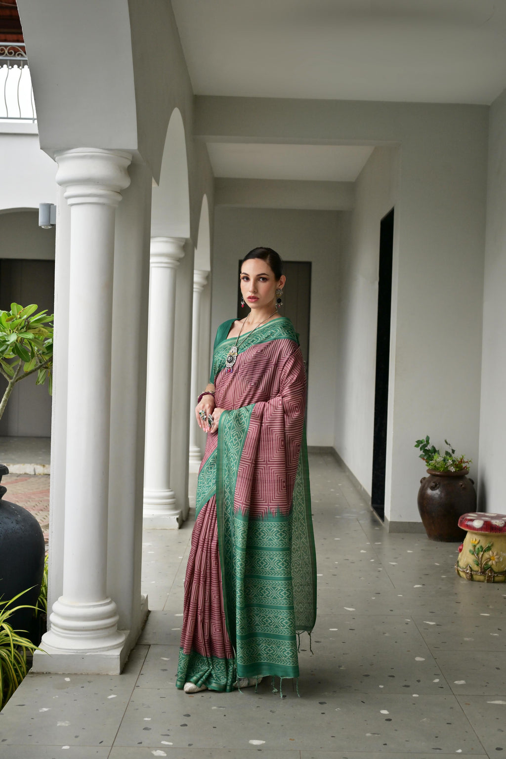Jyoti Fashion Women's Wine Soft Tussar Silk Ikkat Printed Saree with Blouse - Distacart