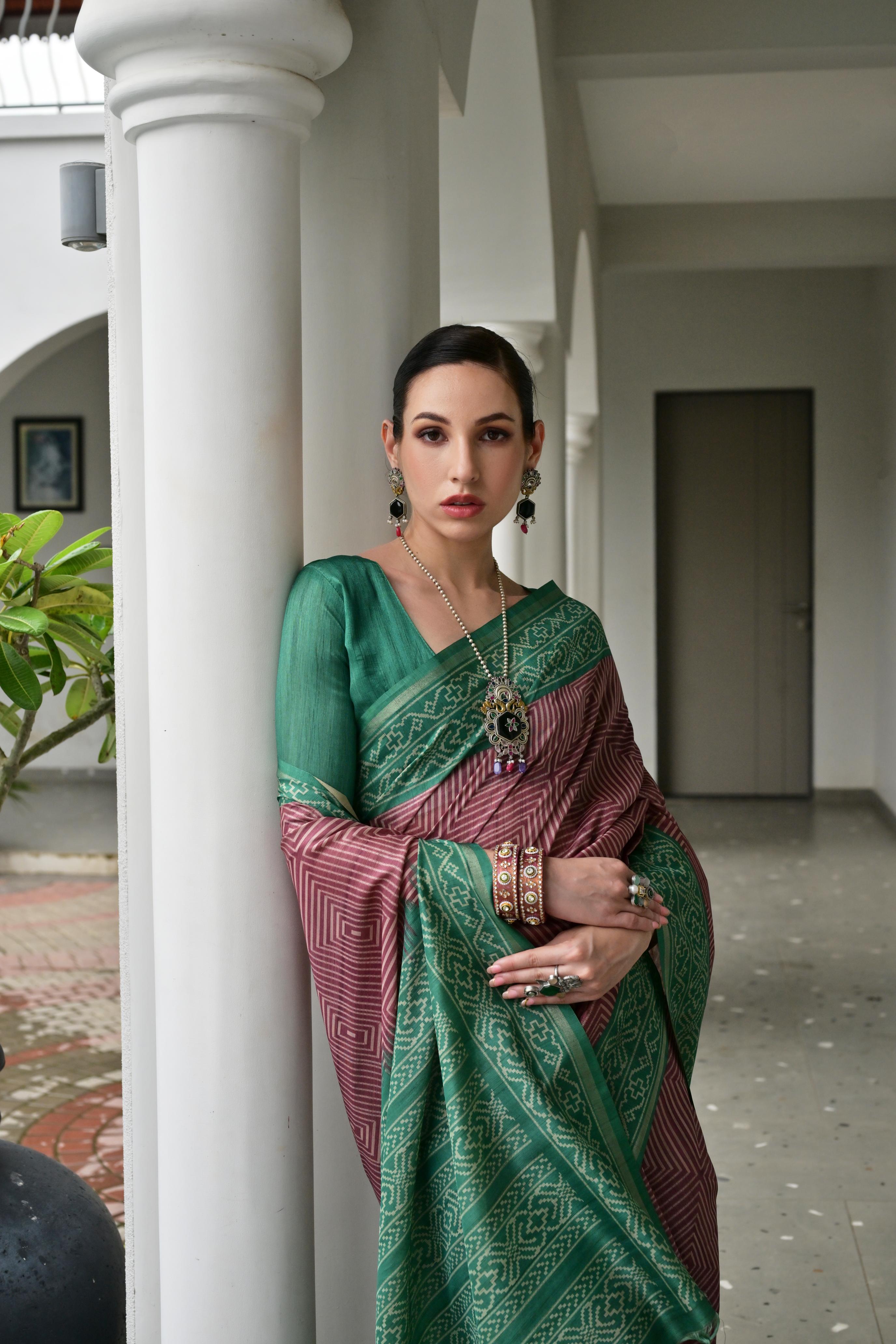 Jyoti Fashion Women's Wine Soft Tussar Silk Ikkat Printed Saree with Blouse - Distacart