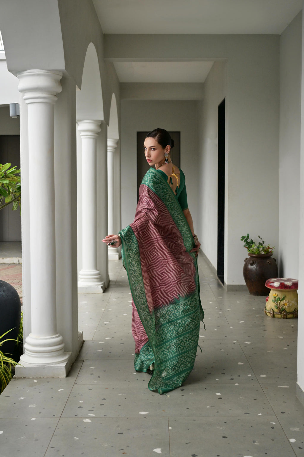 Jyoti Fashion Women's Wine Soft Tussar Silk Ikkat Printed Saree with Blouse - Distacart