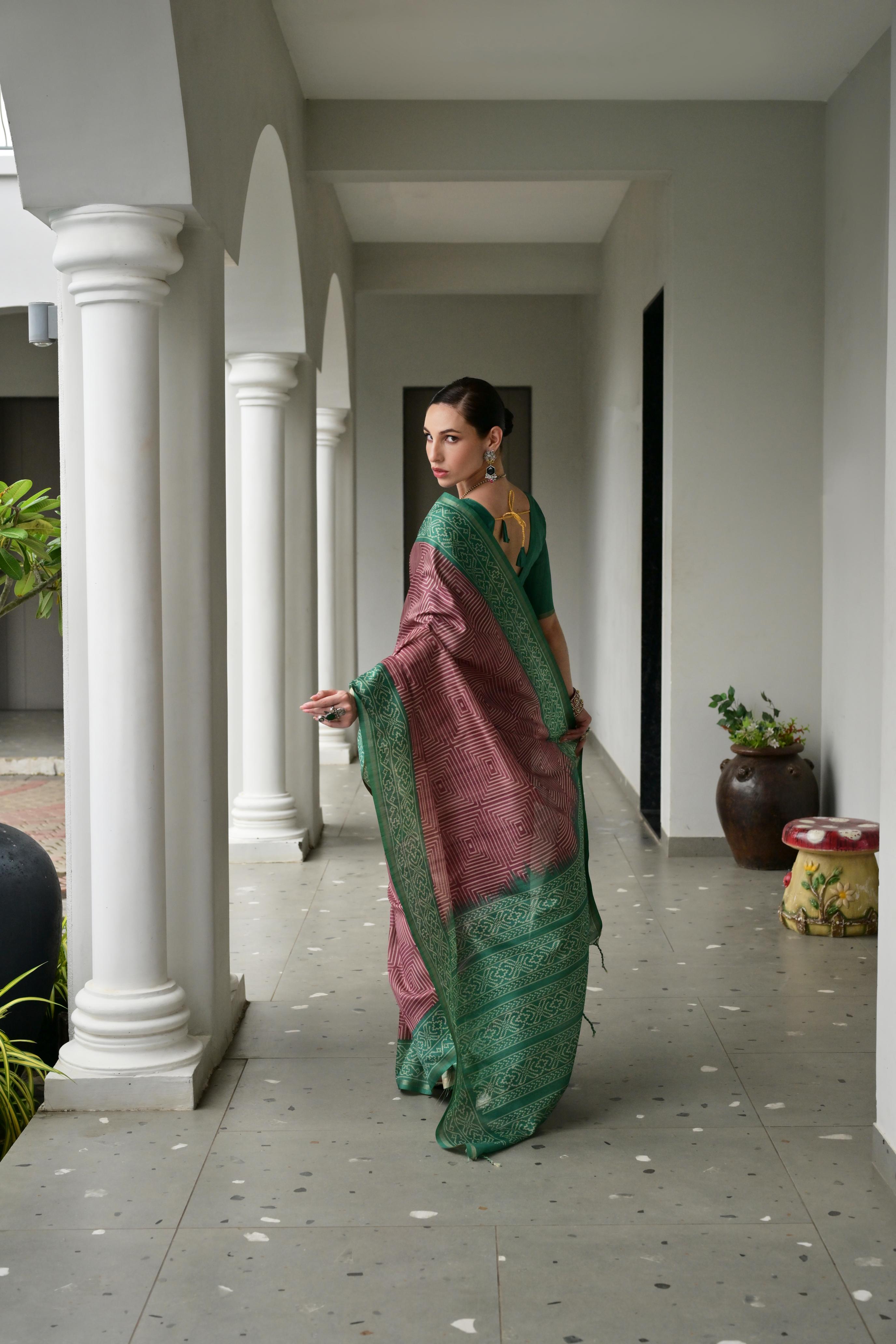 Jyoti Fashion Women's Wine Soft Tussar Silk Ikkat Printed Saree with Blouse - Distacart