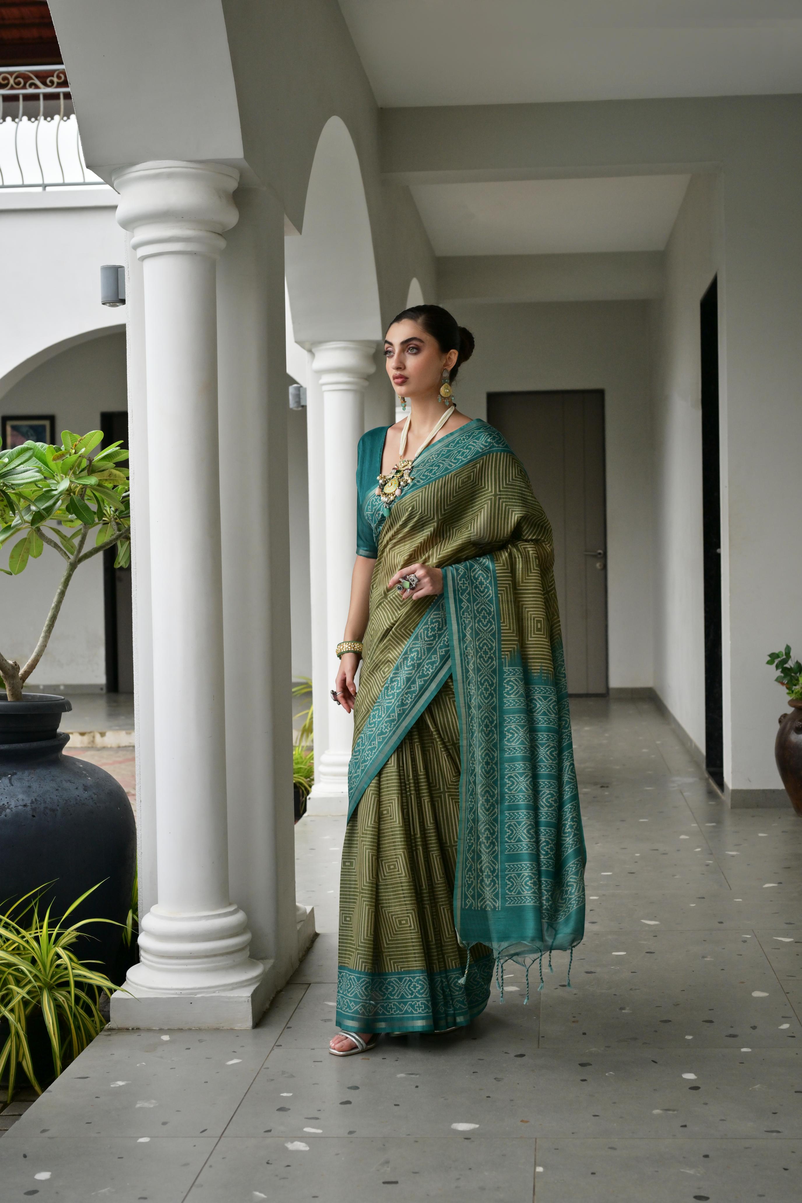 Jyoti Fashion Women's Mehendi Soft Tussar Silk Ikkat Printed Saree with Blouse - Distacart