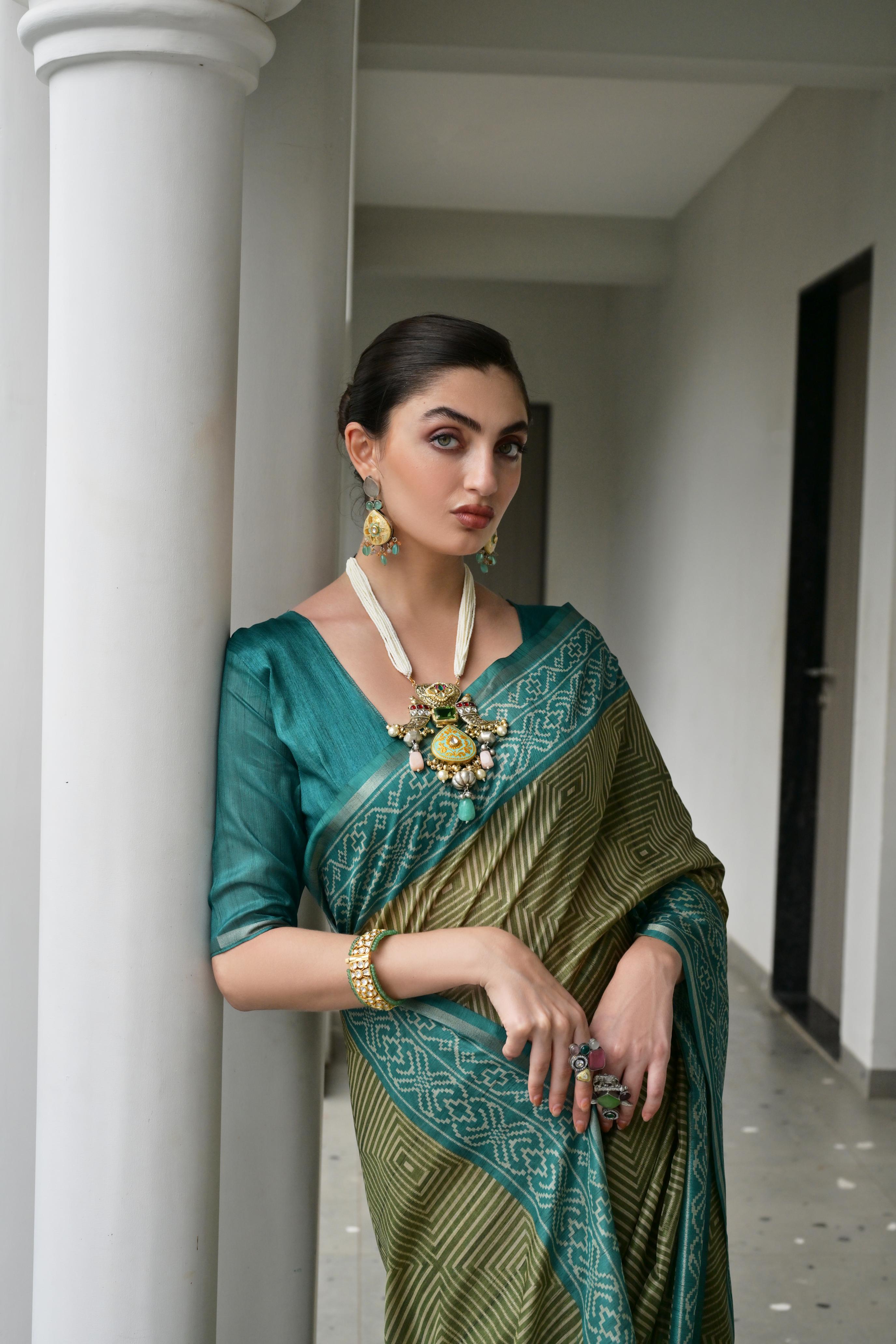 Jyoti Fashion Women's Mehendi Soft Tussar Silk Ikkat Printed Saree with Blouse - Distacart