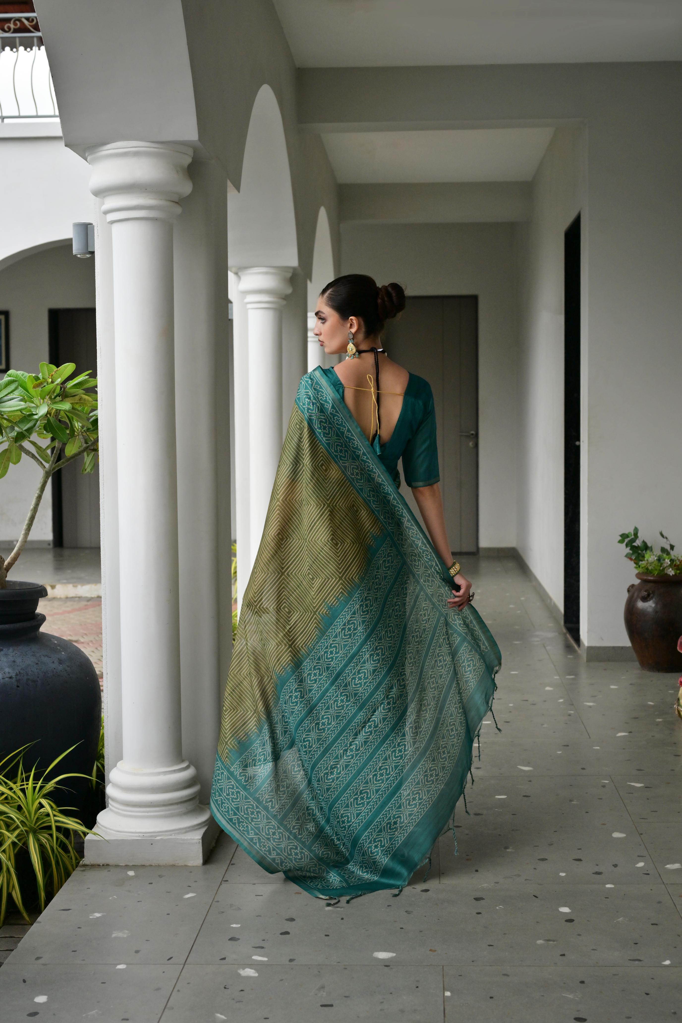 Jyoti Fashion Women's Mehendi Soft Tussar Silk Ikkat Printed Saree with Blouse - Distacart
