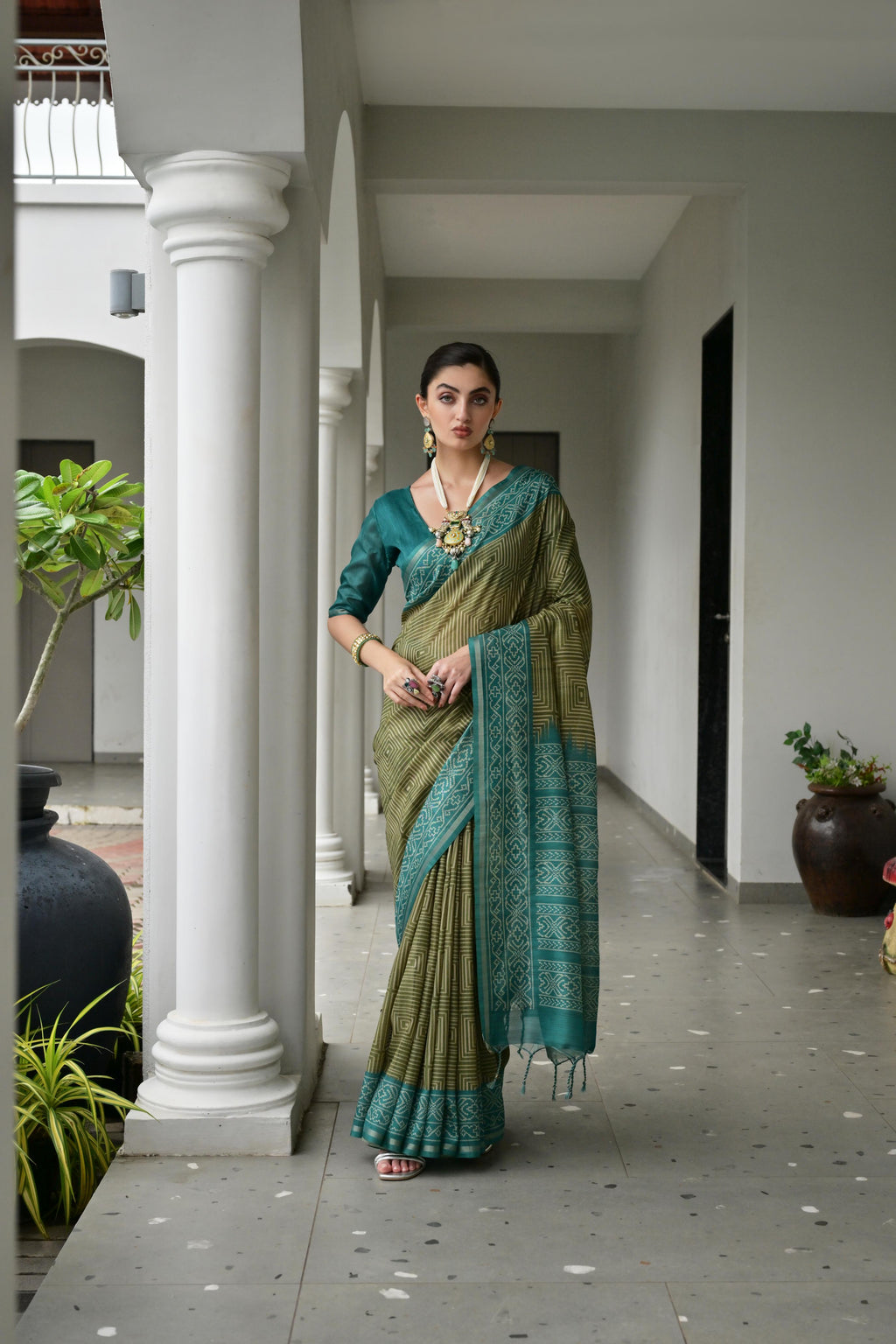 Jyoti Fashion Women's Mehendi Soft Tussar Silk Ikkat Printed Saree with Blouse - Distacart