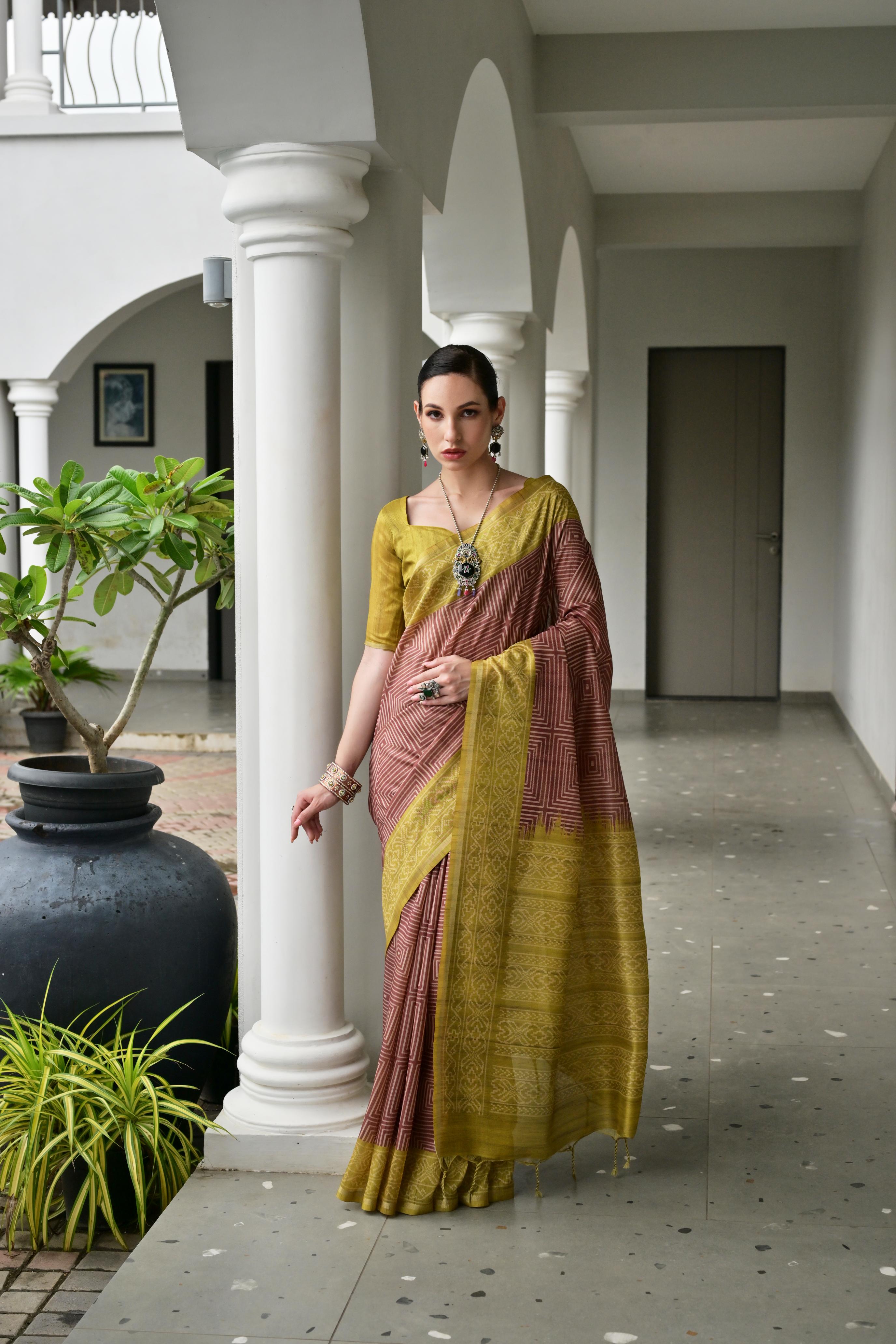 Jyoti Fashion Women's Maroon Soft Tussar Silk Ikkat Printed Saree with Blouse - Distacart