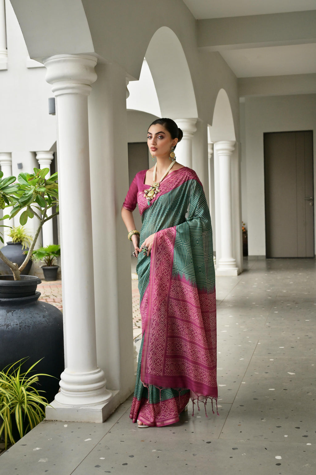 Jyoti Fashion Women's Bottle Green Soft Tussar Silk Ikkat Printed Saree with Blouse - Distacart