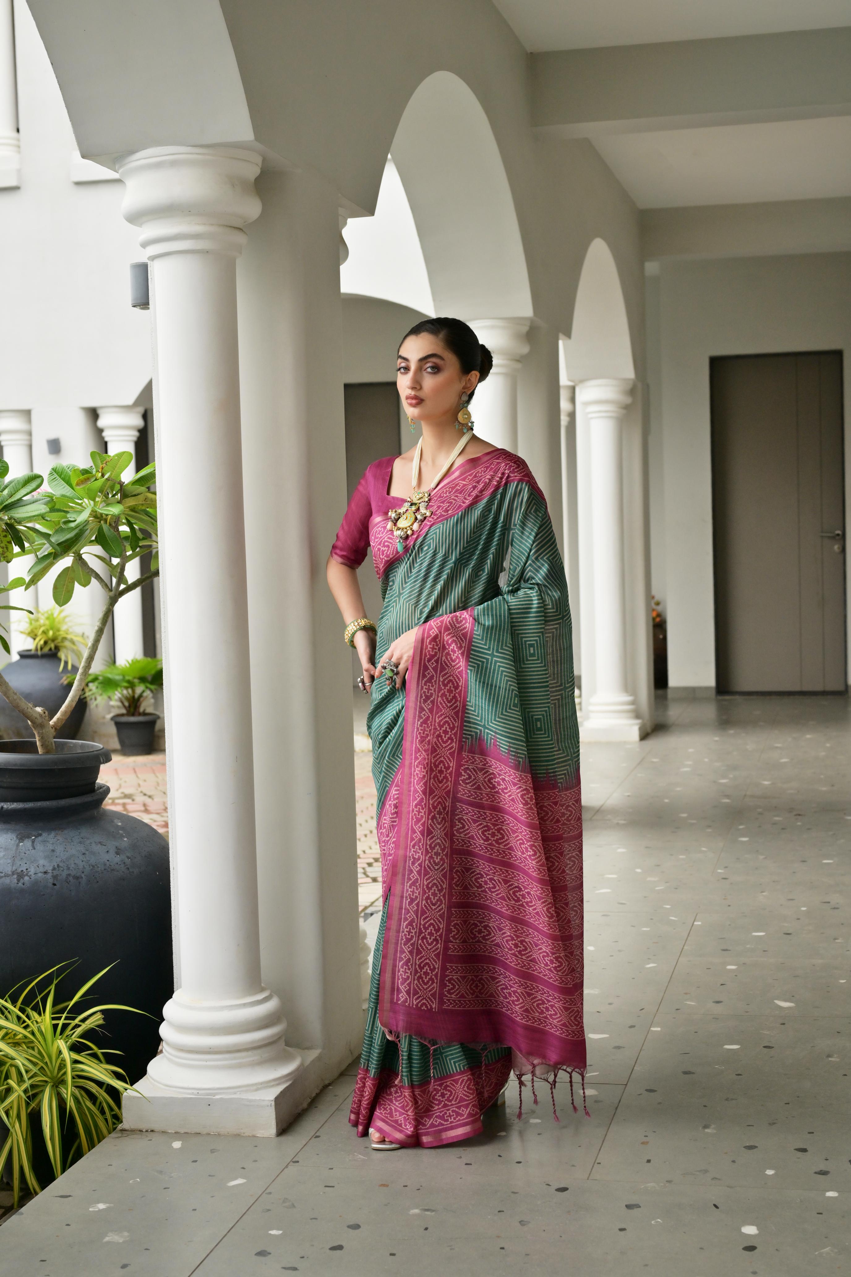 Jyoti Fashion Women's Bottle Green Soft Tussar Silk Ikkat Printed Saree with Blouse - Distacart