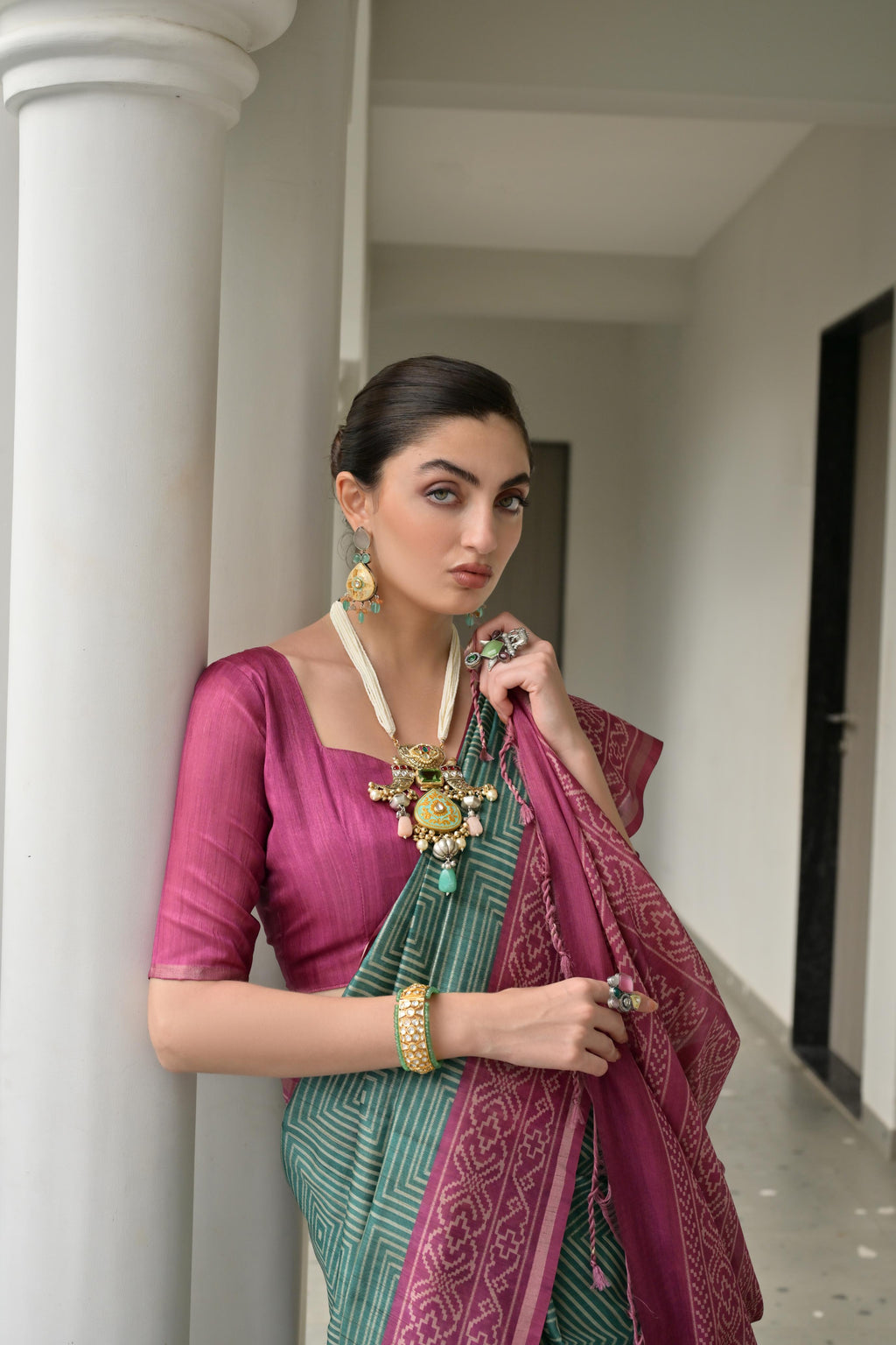 Jyoti Fashion Women's Bottle Green Soft Tussar Silk Ikkat Printed Saree with Blouse - Distacart