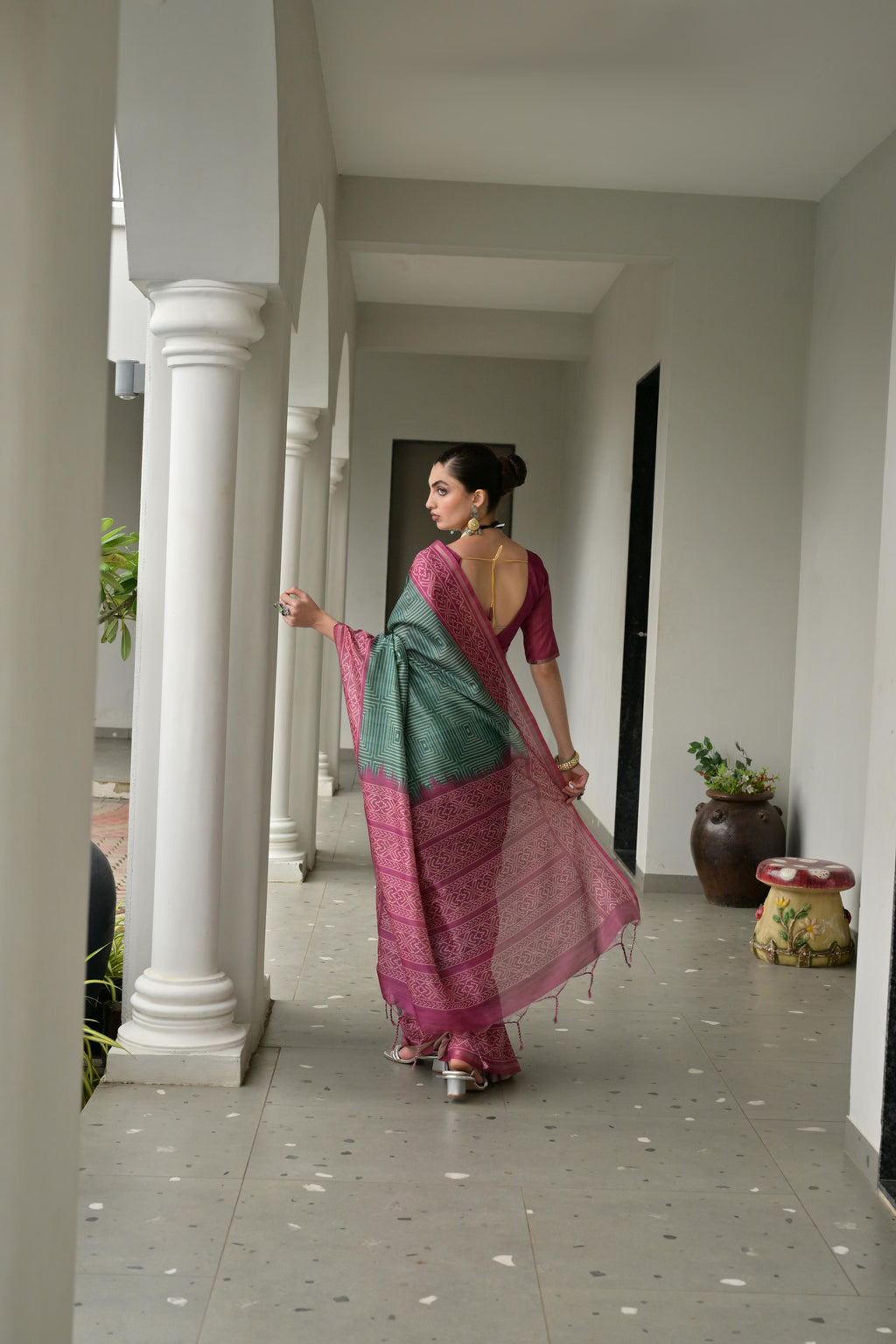 Jyoti Fashion Women's Bottle Green Soft Tussar Silk Ikkat Printed Saree with Blouse - Distacart
