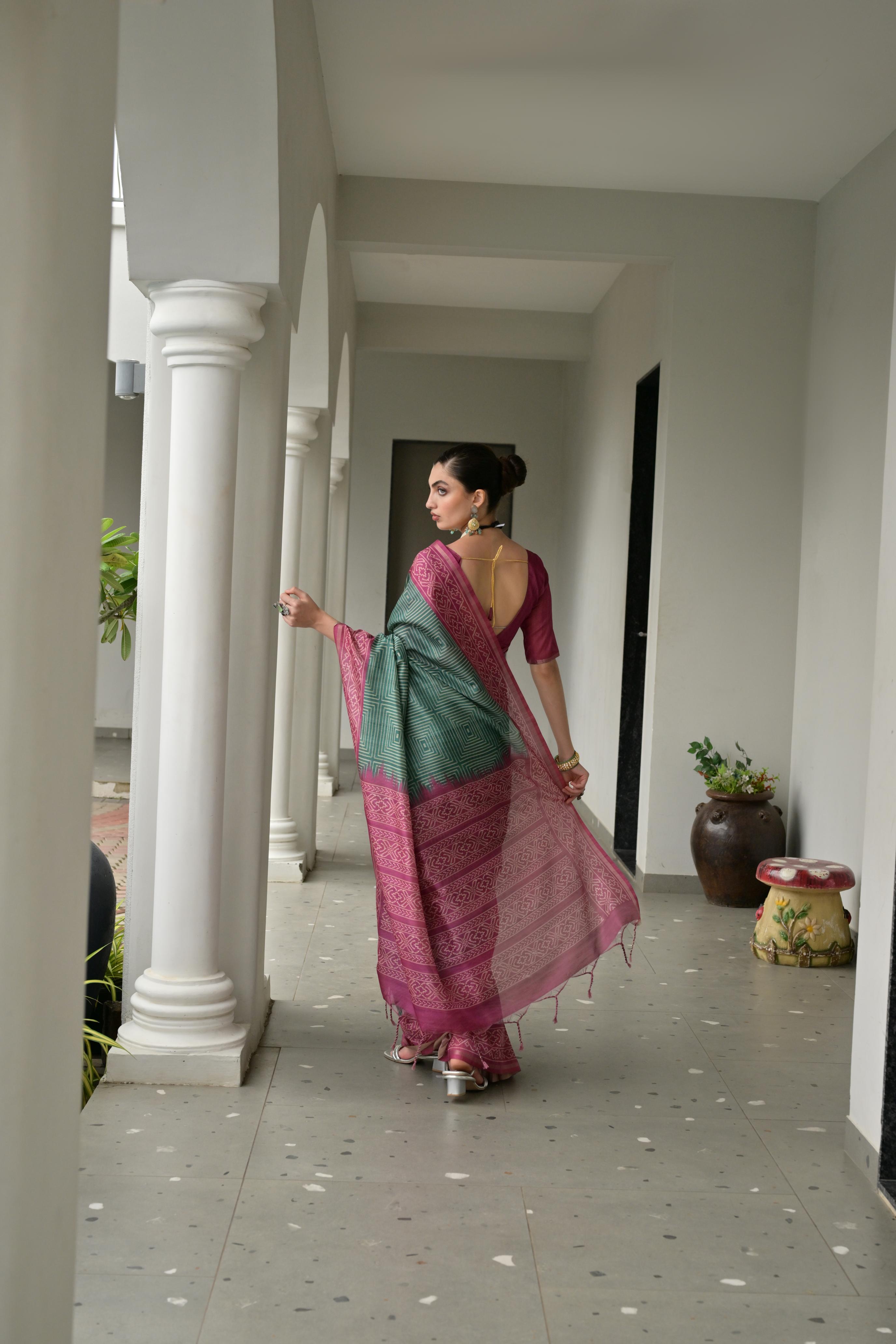 Jyoti Fashion Women's Bottle Green Soft Tussar Silk Ikkat Printed Saree with Blouse - Distacart