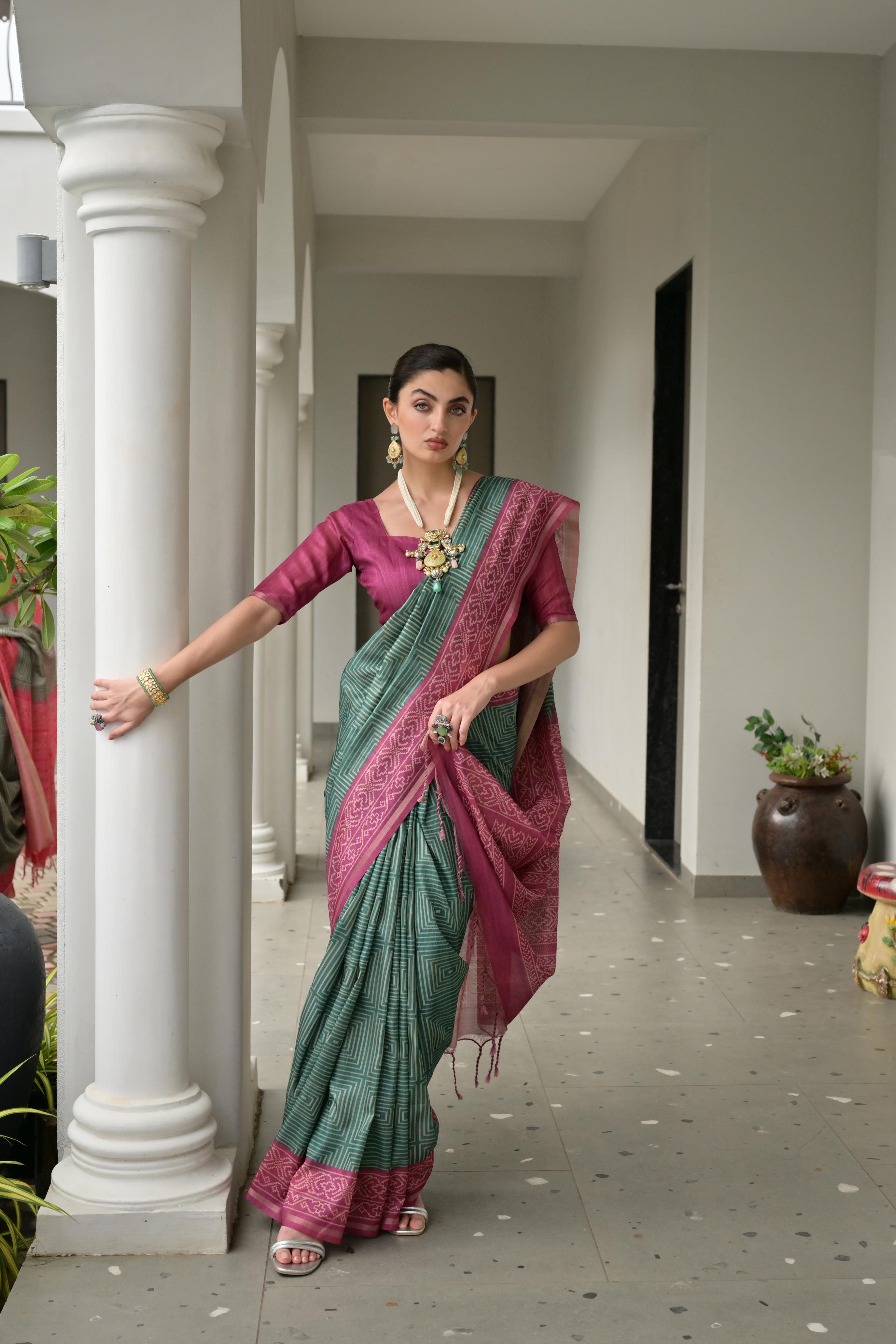 Jyoti Fashion Women's Bottle Green Soft Tussar Silk Ikkat Printed Saree with Blouse - Distacart