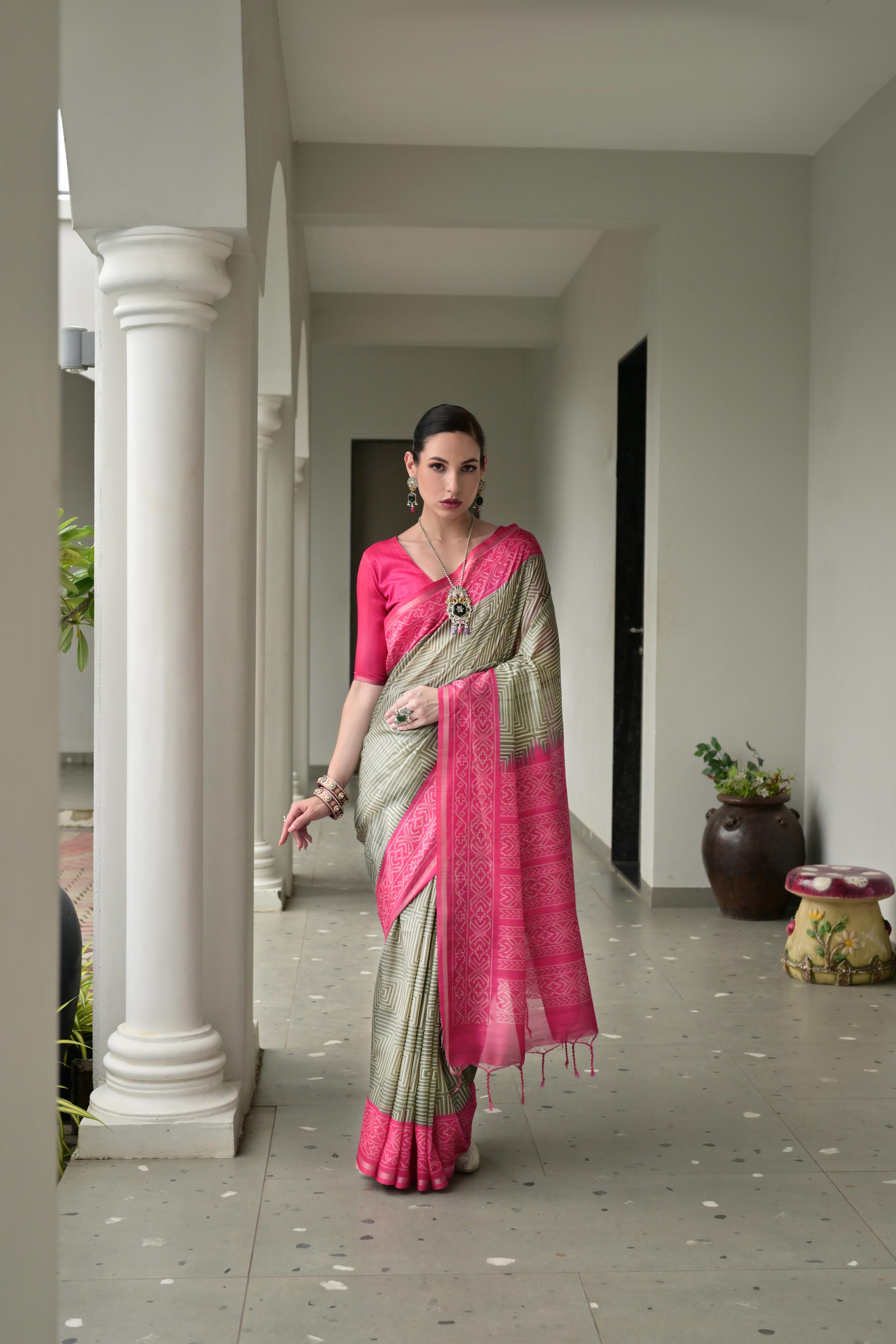 Jyoti Fashion Women's Pista Green Soft Tussar Silk Ikkat Printed Saree with Blouse - Distacart