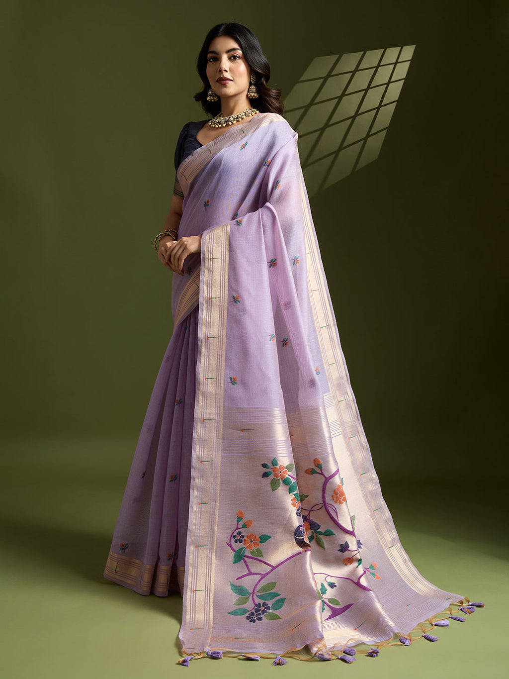 Jyoti Fashion Women's Purple Soft Muga Cotton Paithani Zari Woven Saree with Blouse - Distacart