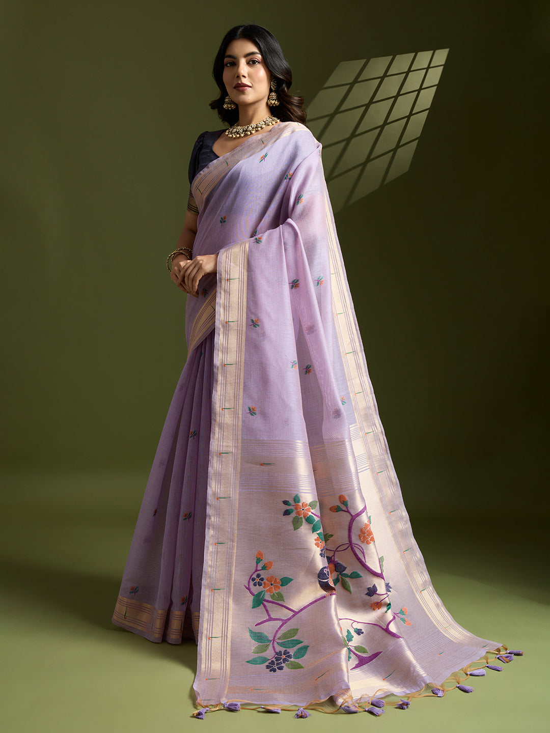 Jyoti Fashion Women's Purple Soft Muga Cotton Paithani Zari Woven Saree with Blouse - Distacart