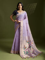 Jyoti Fashion Women's Purple Soft Muga Cotton Paithani Zari Woven Saree with Blouse - Distacart