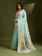 Jyoti Fashion Women's Sky Blue Soft Muga Cotton Paithani Zari Woven Saree with Blouse - Distacart