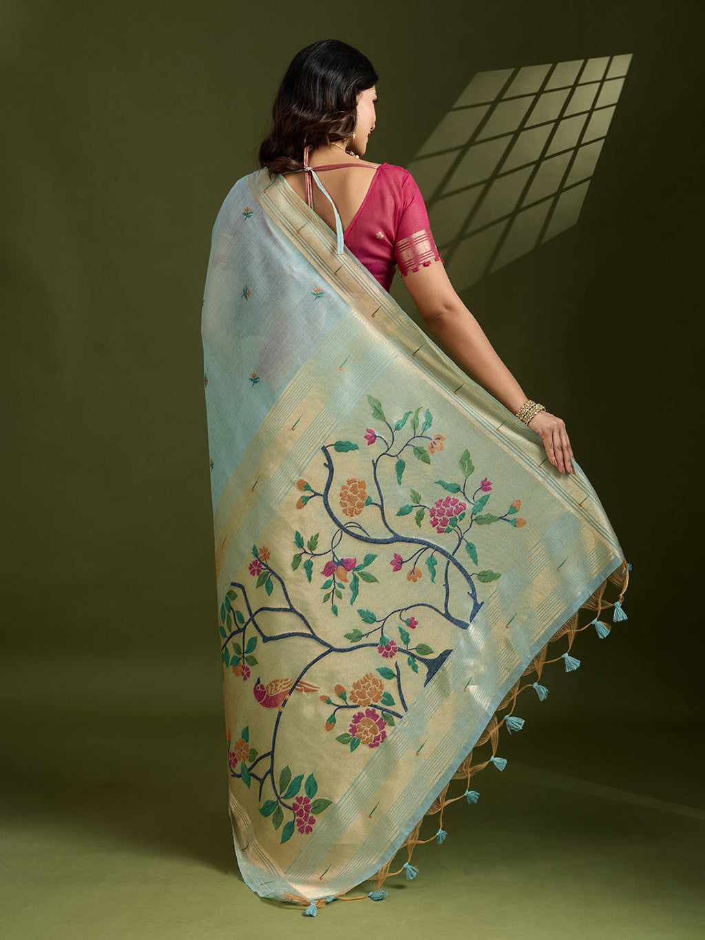 Jyoti Fashion Women's Sky Blue Soft Muga Cotton Paithani Zari Woven Saree with Blouse - Distacart