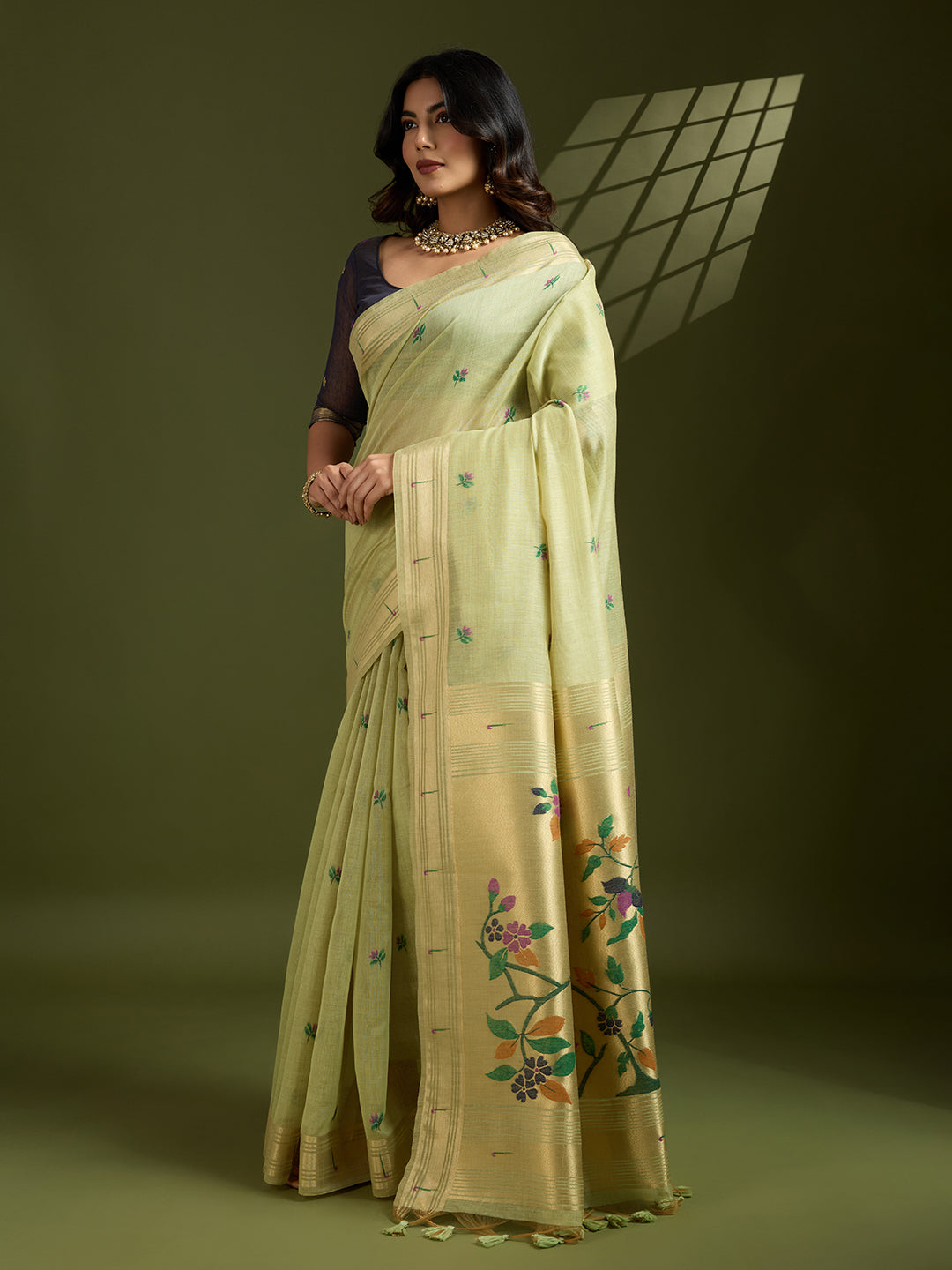 Jyoti Fashion Women's Sea Green Soft Muga Cotton Paithani Zari Woven Saree with Blouse - Distacart