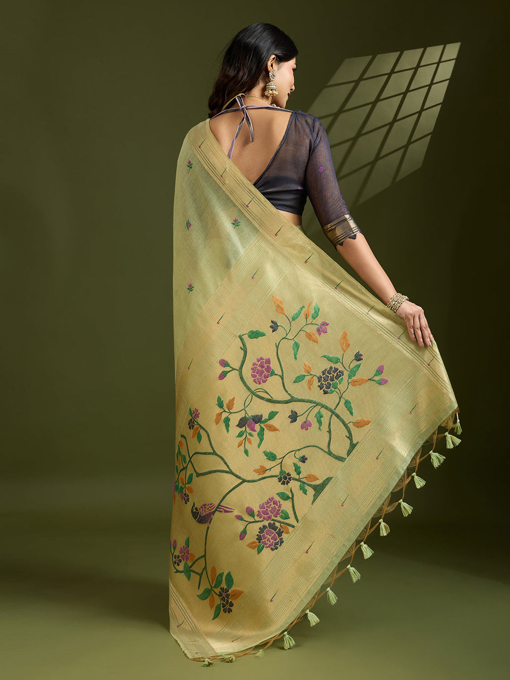 Jyoti Fashion Women's Sea Green Soft Muga Cotton Paithani Zari Woven Saree with Blouse - Distacart