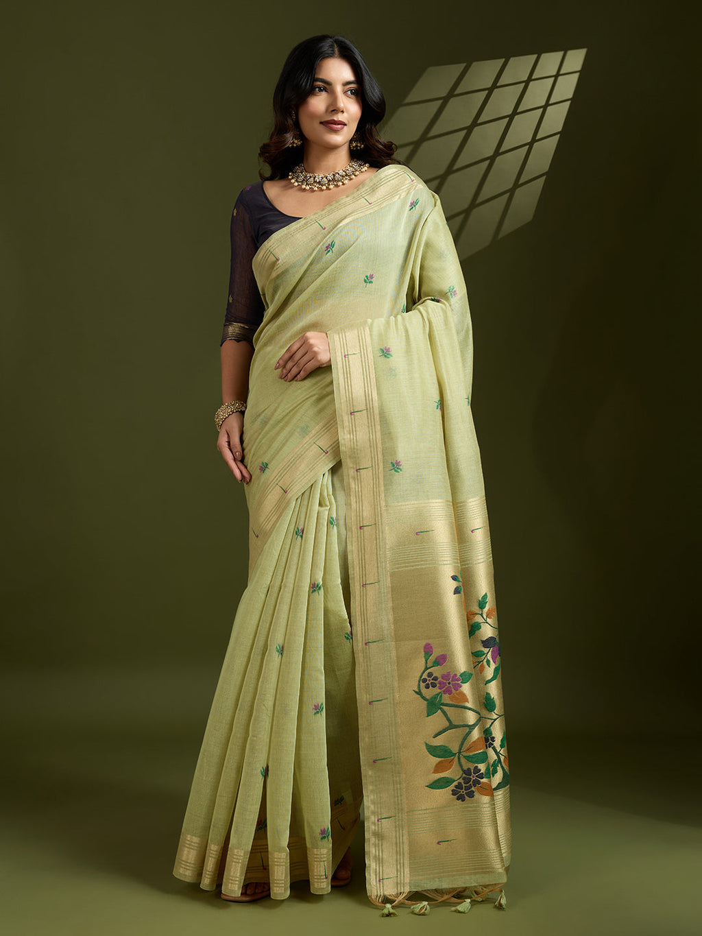 Jyoti Fashion Women's Sea Green Soft Muga Cotton Paithani Zari Woven Saree with Blouse - Distacart