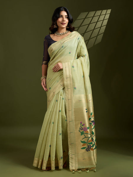 Jyoti Fashion Women's Sea Green Soft Muga Cotton Paithani Zari Woven Saree with Blouse