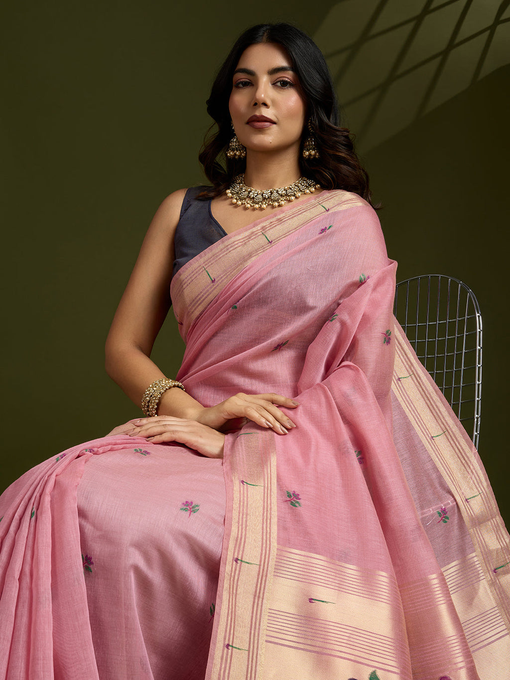 Jyoti Fashion Women's Pink Soft Muga Cotton Paithani Zari Woven Saree with Blouse - Distacart
