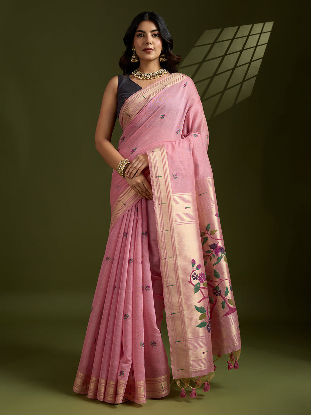 Jyoti Fashion Women's Pink Soft Muga Cotton Paithani Zari Woven Saree with Blouse - Distacart