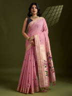 Jyoti Fashion Women's Pink Soft Muga Cotton Paithani Zari Woven Saree with Blouse - Distacart