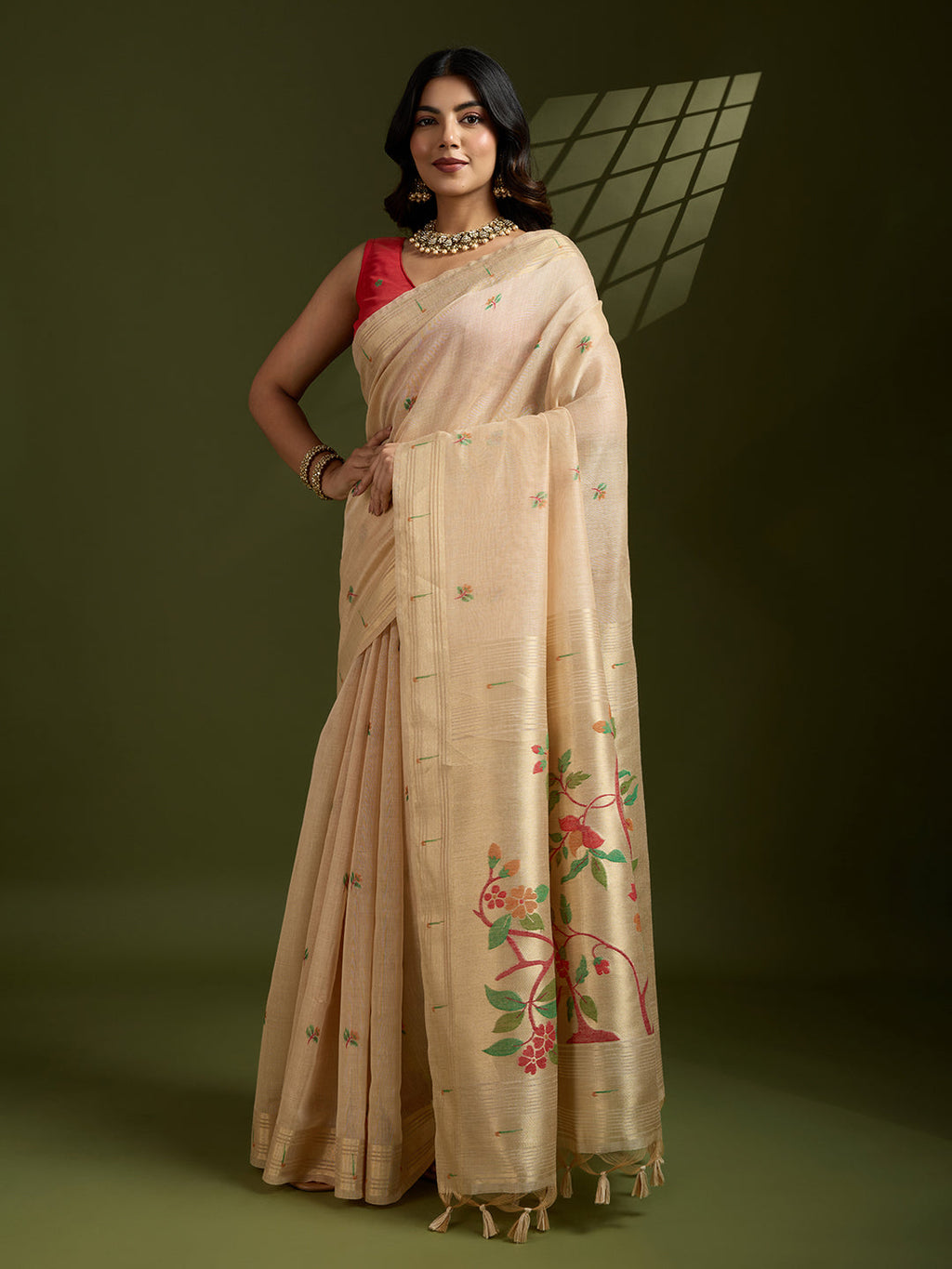 Jyoti Fashion Women's Cream Soft Muga Cotton Paithani Zari Woven Saree with Blouse - Distacart