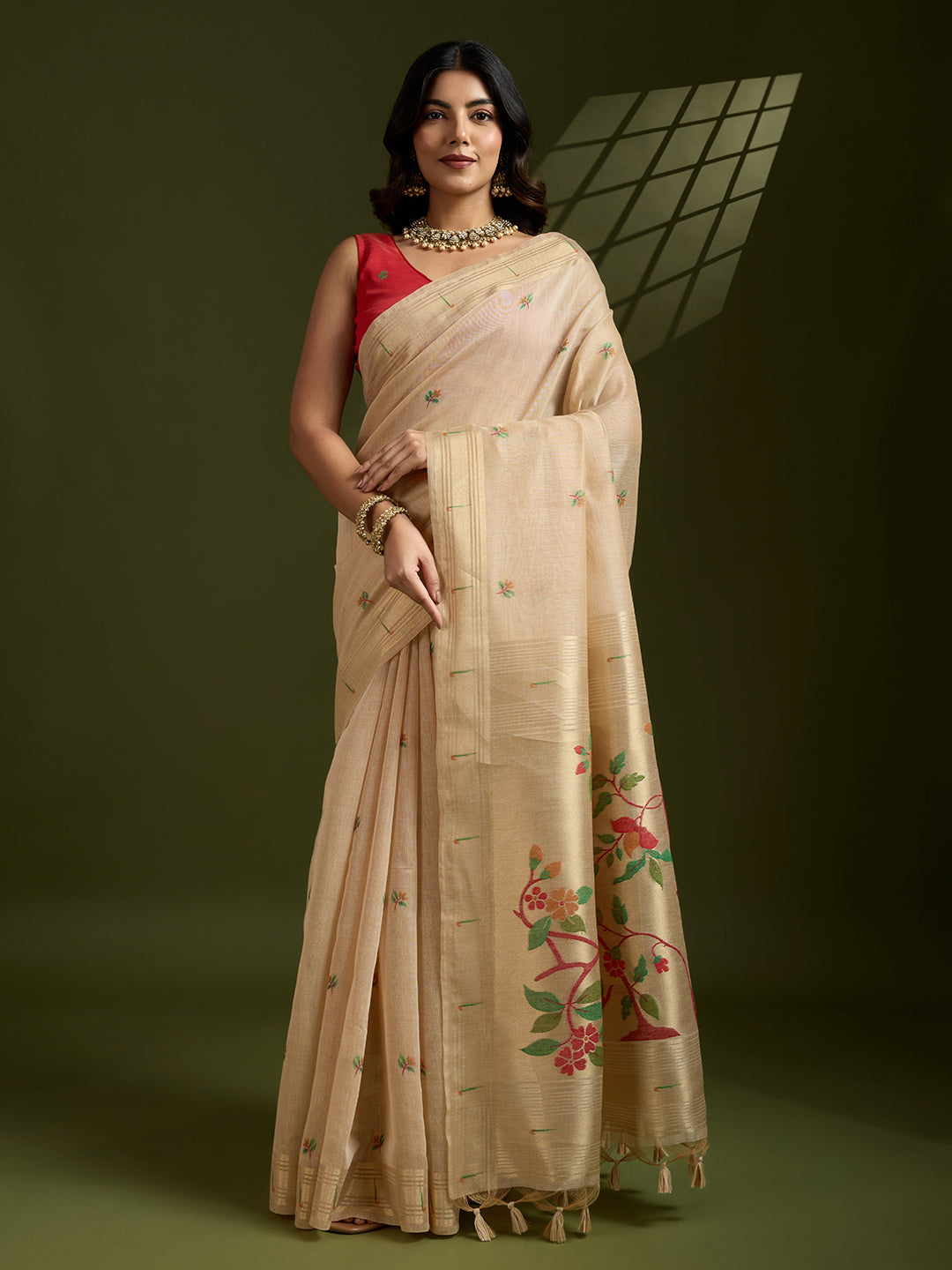 Jyoti Fashion Women's Cream Soft Muga Cotton Paithani Zari Woven Saree with Blouse - Distacart