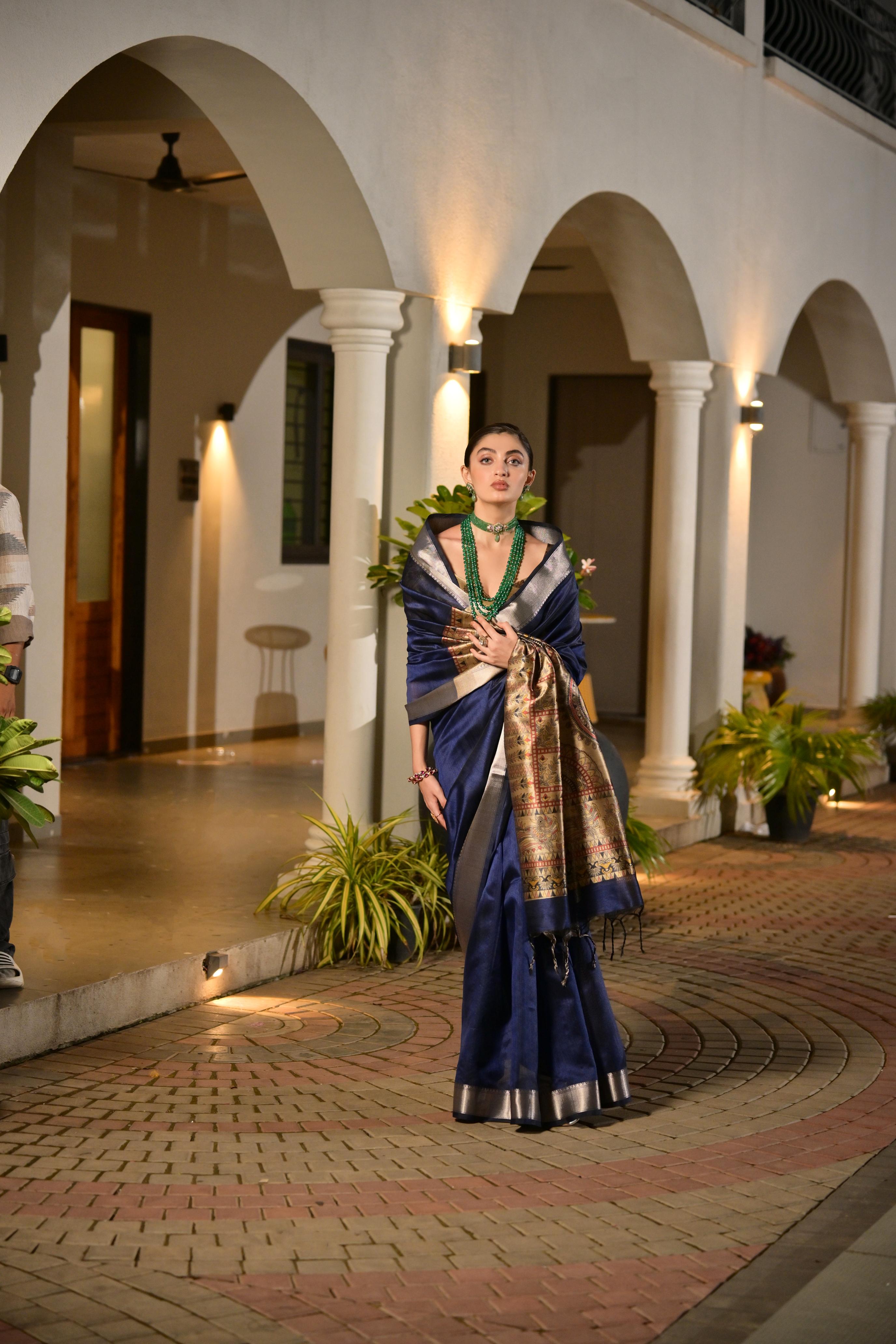 Jyoti Fashion Women's Navy Blue Soft Khadi Raw Silk Zari Woven Saree with Blouse - Distacart