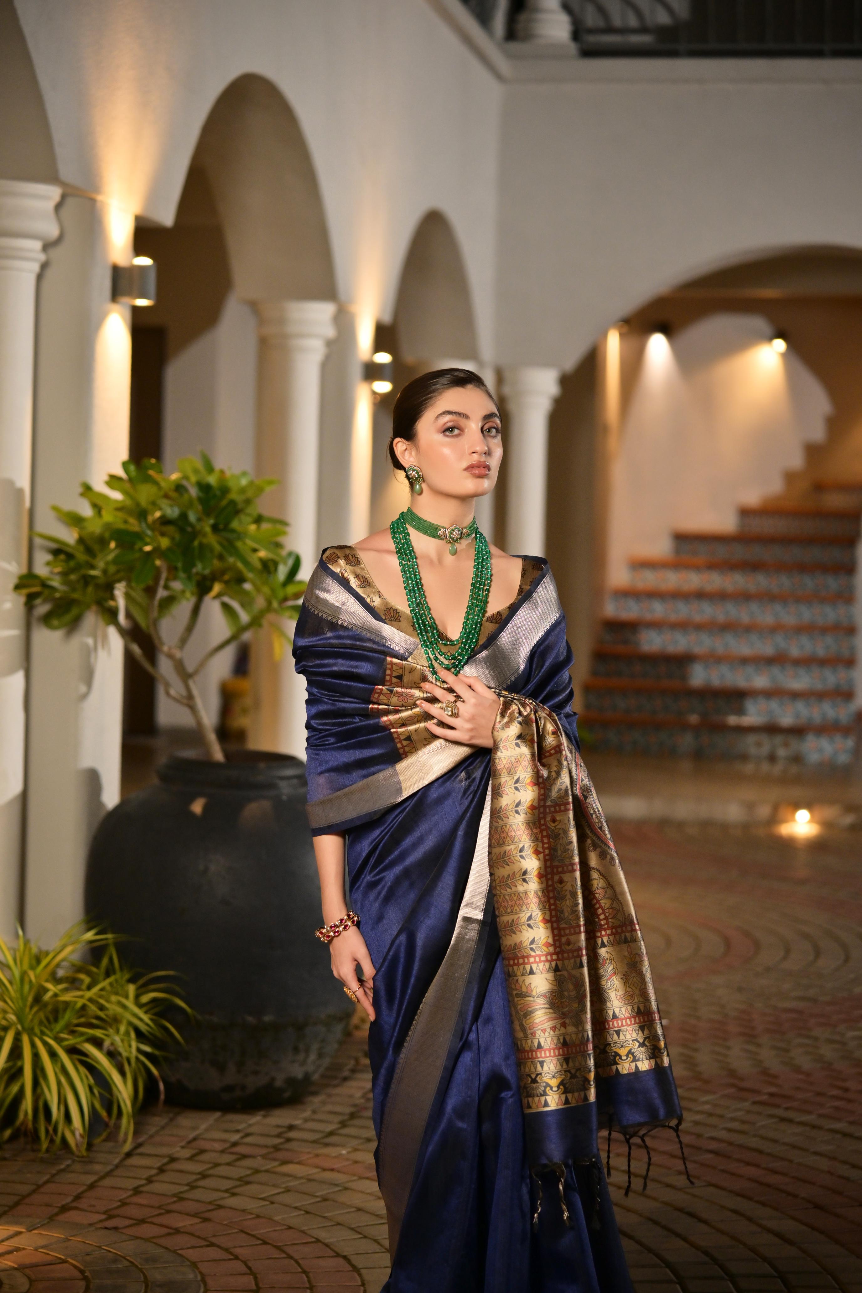 Jyoti Fashion Women's Navy Blue Soft Khadi Raw Silk Zari Woven Saree with Blouse - Distacart