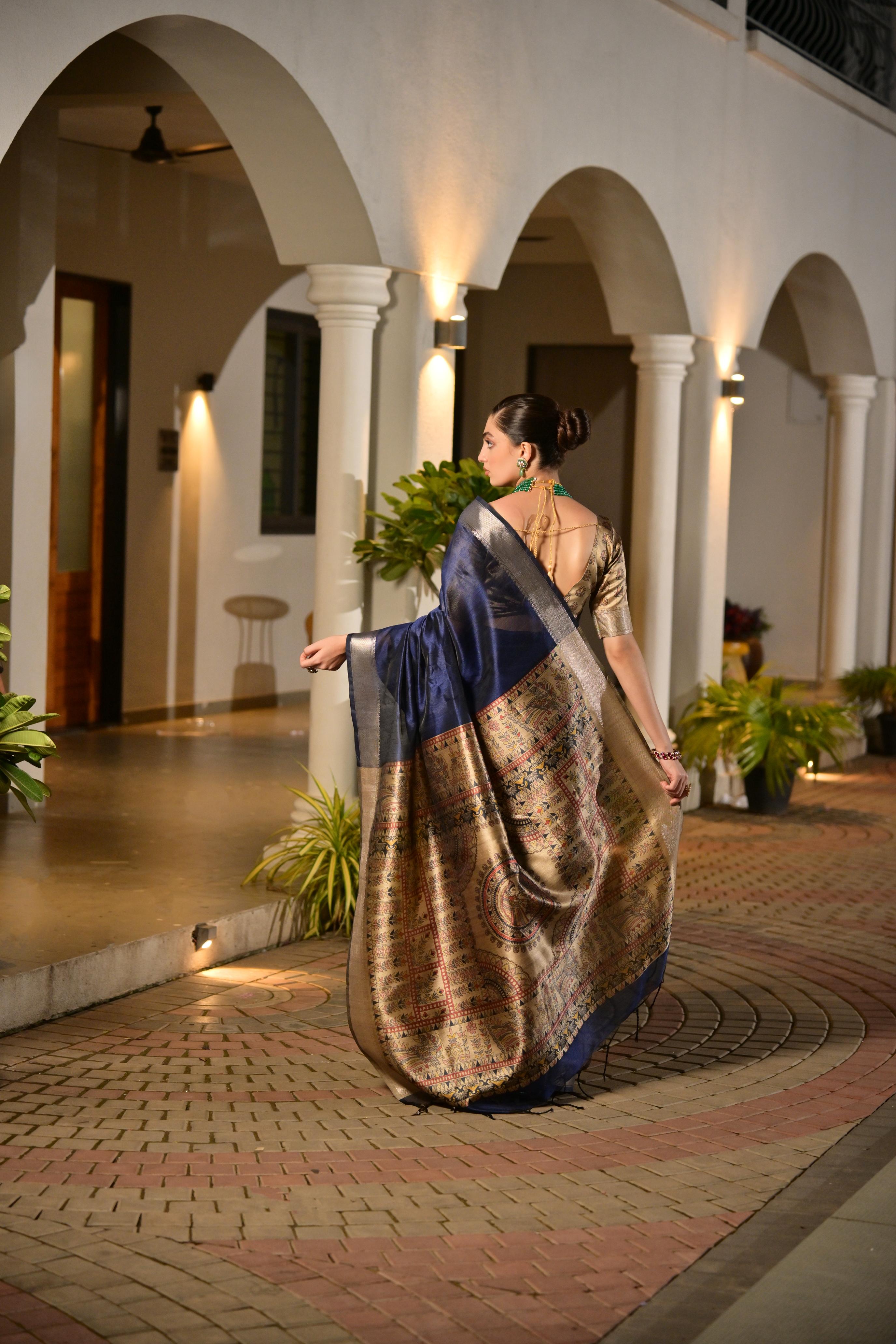 Jyoti Fashion Women's Navy Blue Soft Khadi Raw Silk Zari Woven Saree with Blouse - Distacart