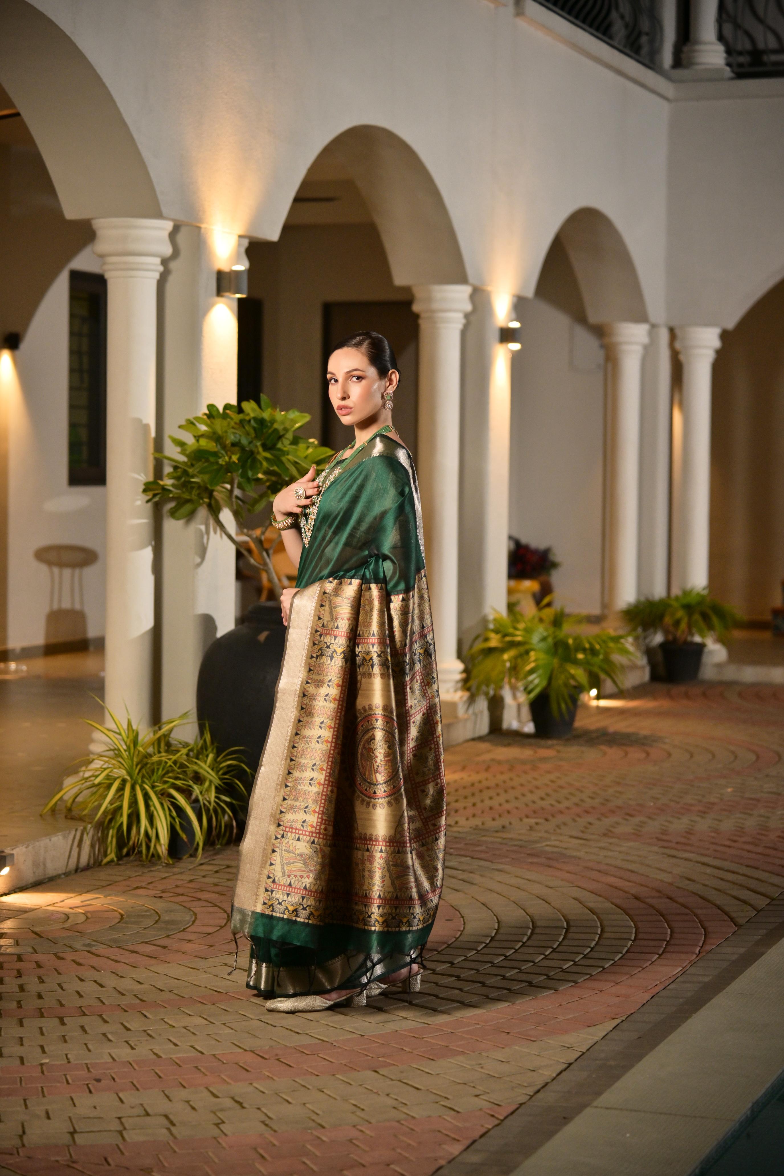 Jyoti Fashion Women's Bottle Green Soft Khadi Raw Silk Zari Woven Saree with Blouse - Distacart