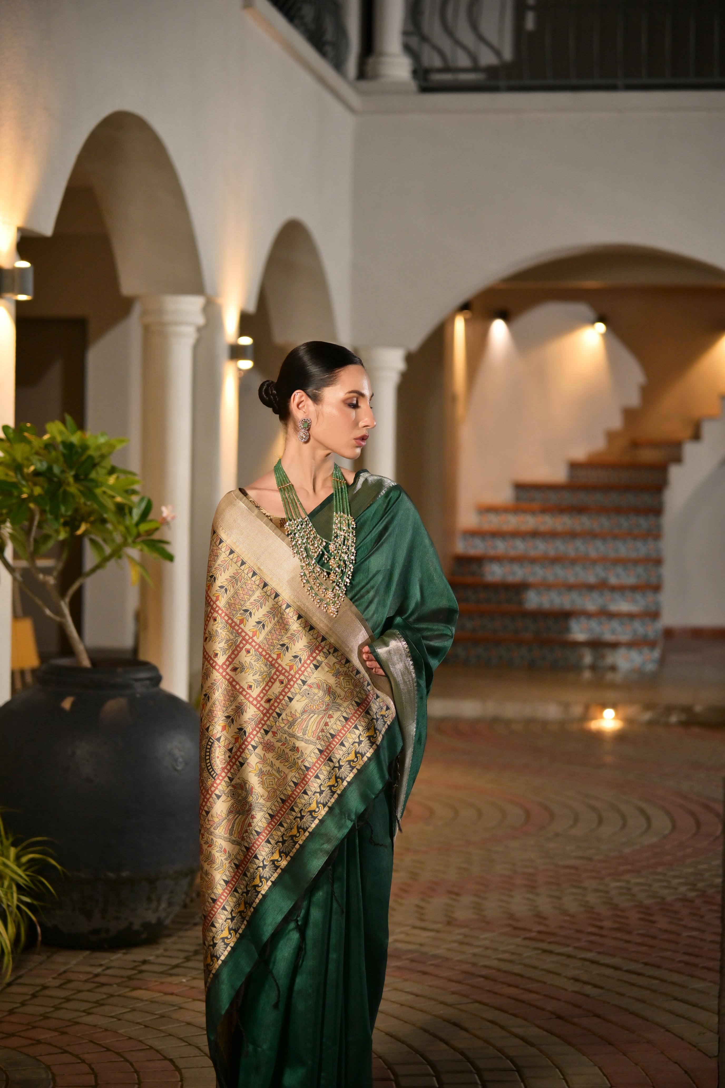 Jyoti Fashion Women's Bottle Green Soft Khadi Raw Silk Zari Woven Saree with Blouse - Distacart