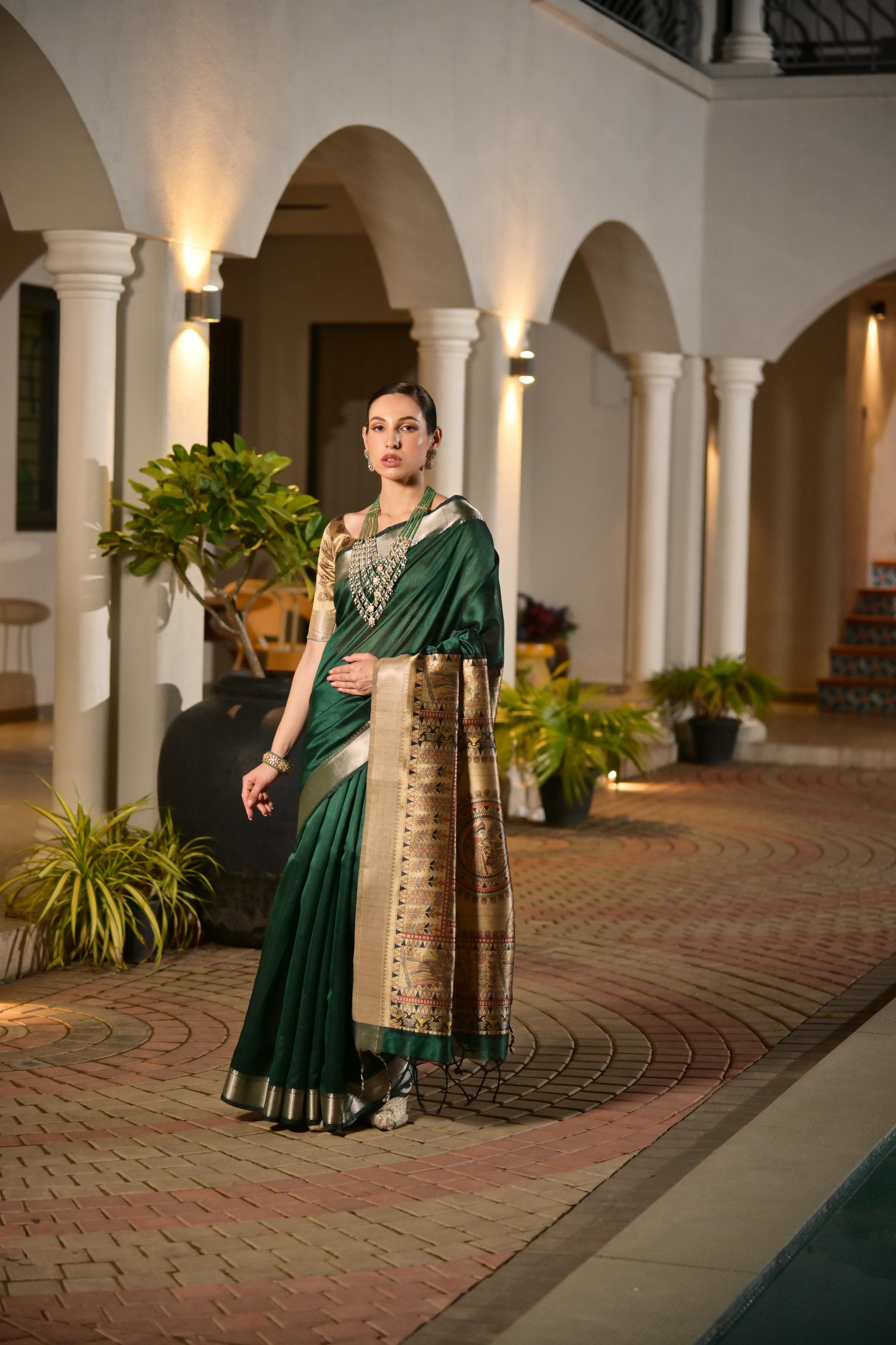 Jyoti Fashion Women's Bottle Green Soft Khadi Raw Silk Zari Woven Saree with Blouse - Distacart