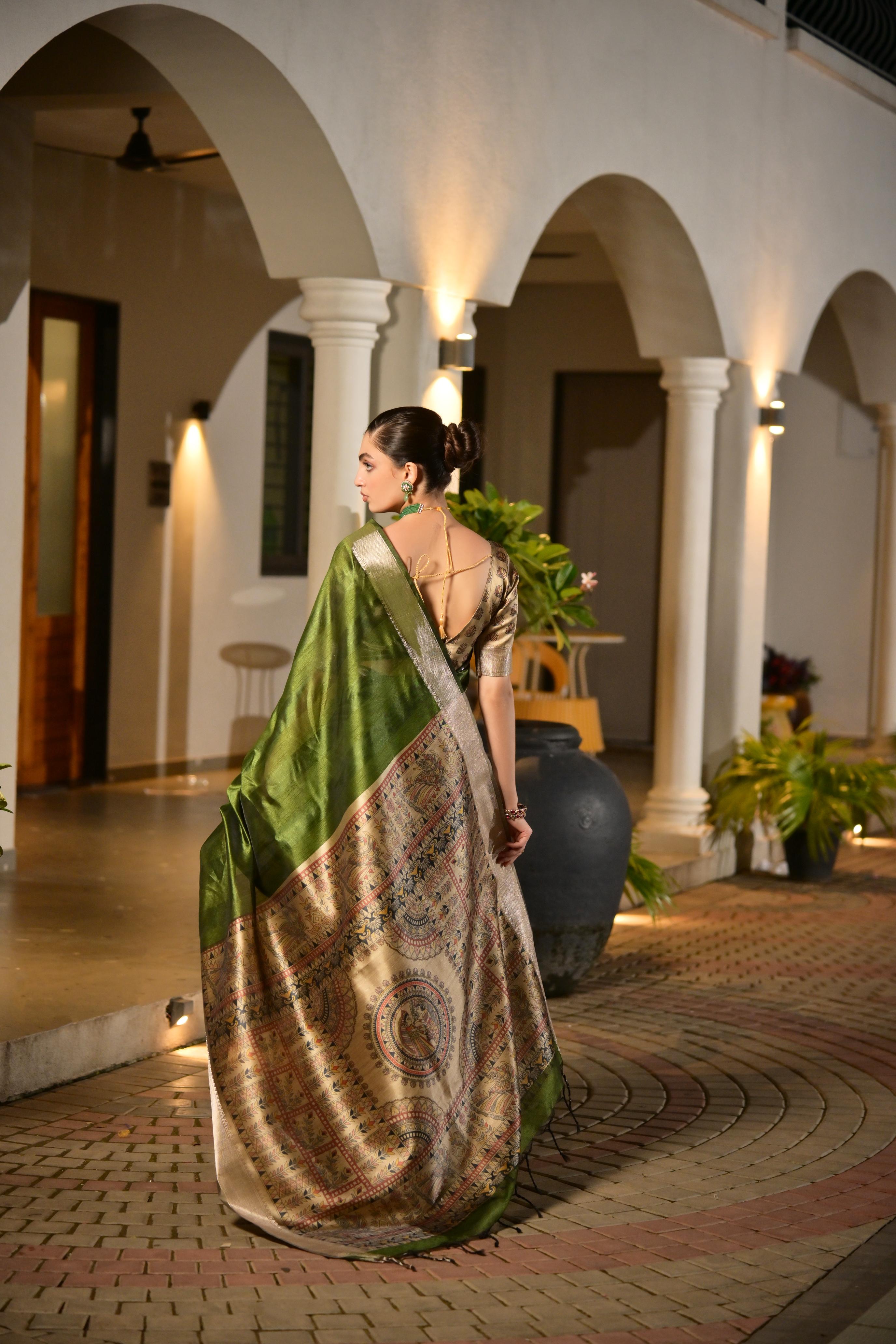 Jyoti Fashion Women's Green Soft Khadi Raw Silk Zari Woven Saree with Blouse - Distacart