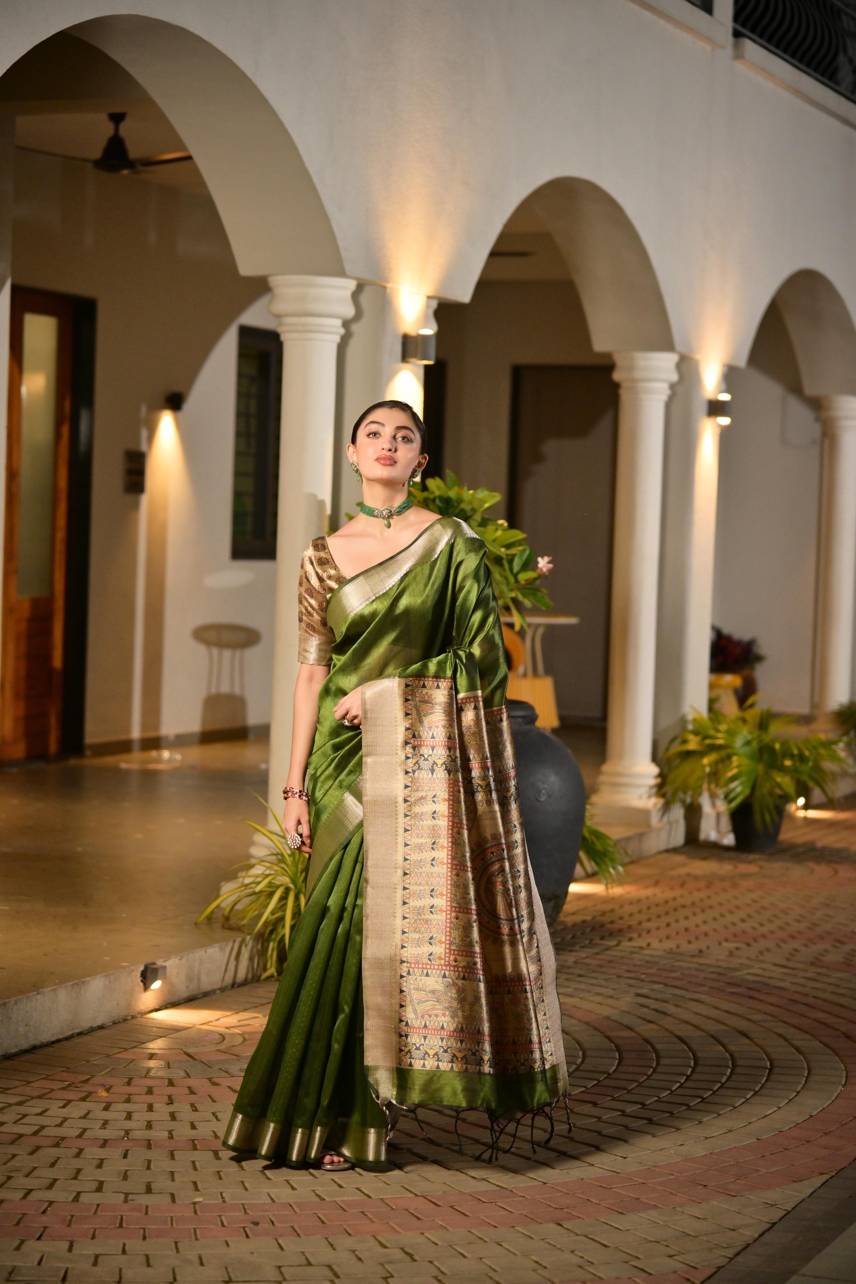 Jyoti Fashion Women's Green Soft Khadi Raw Silk Zari Woven Saree with Blouse - Distacart