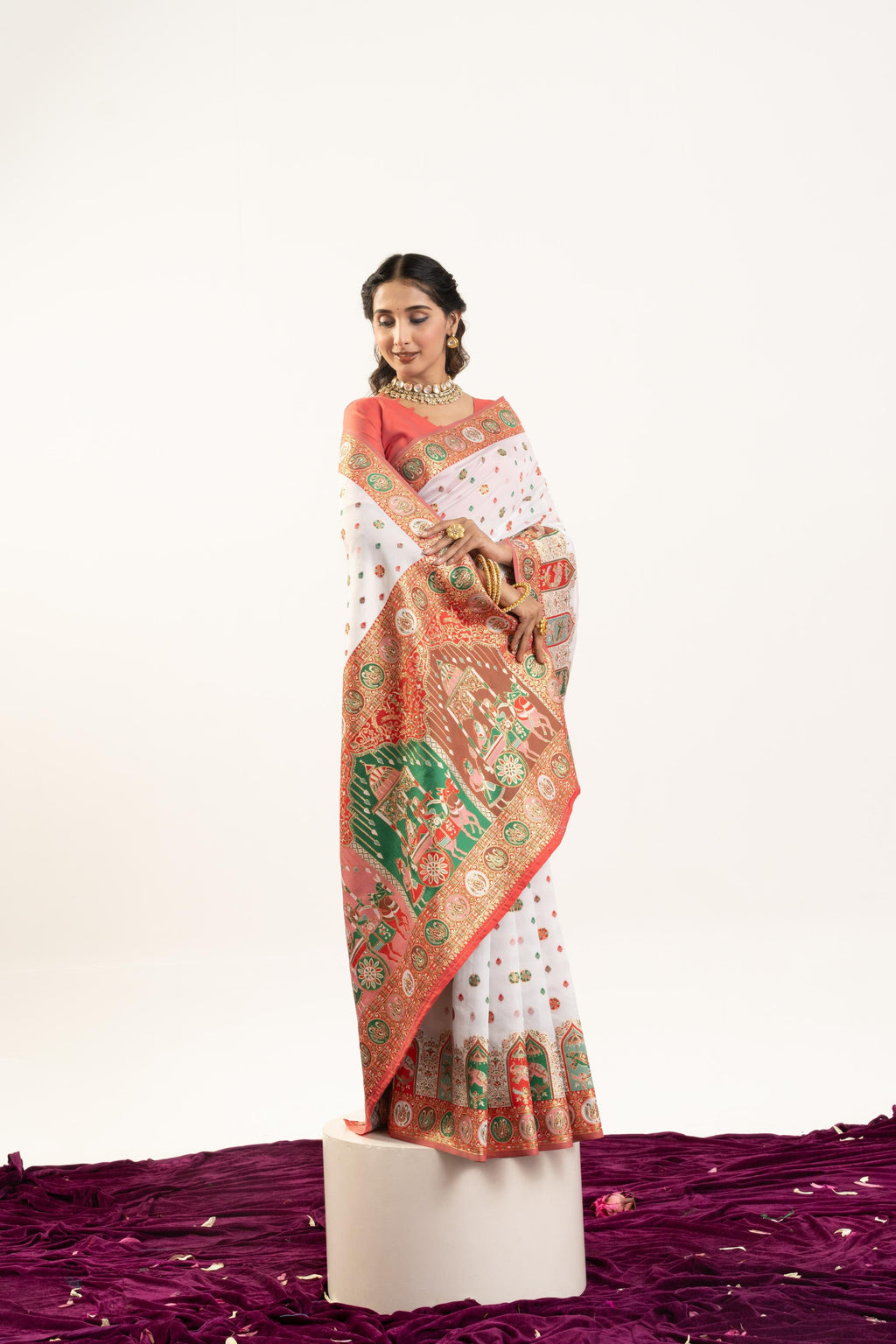 Jyoti Fashion Women's White Banarasi Pashmina Soft Silk Zari Woven Saree with Blouse - Distacart