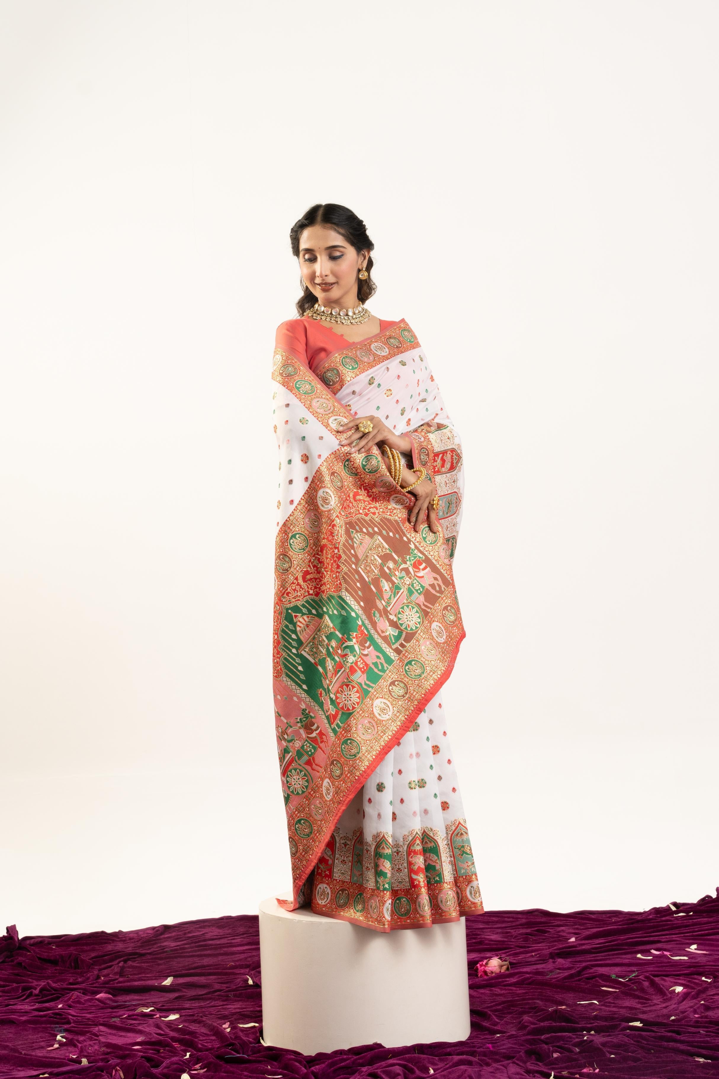 Jyoti Fashion Women's White Banarasi Pashmina Soft Silk Zari Woven Saree with Blouse - Distacart