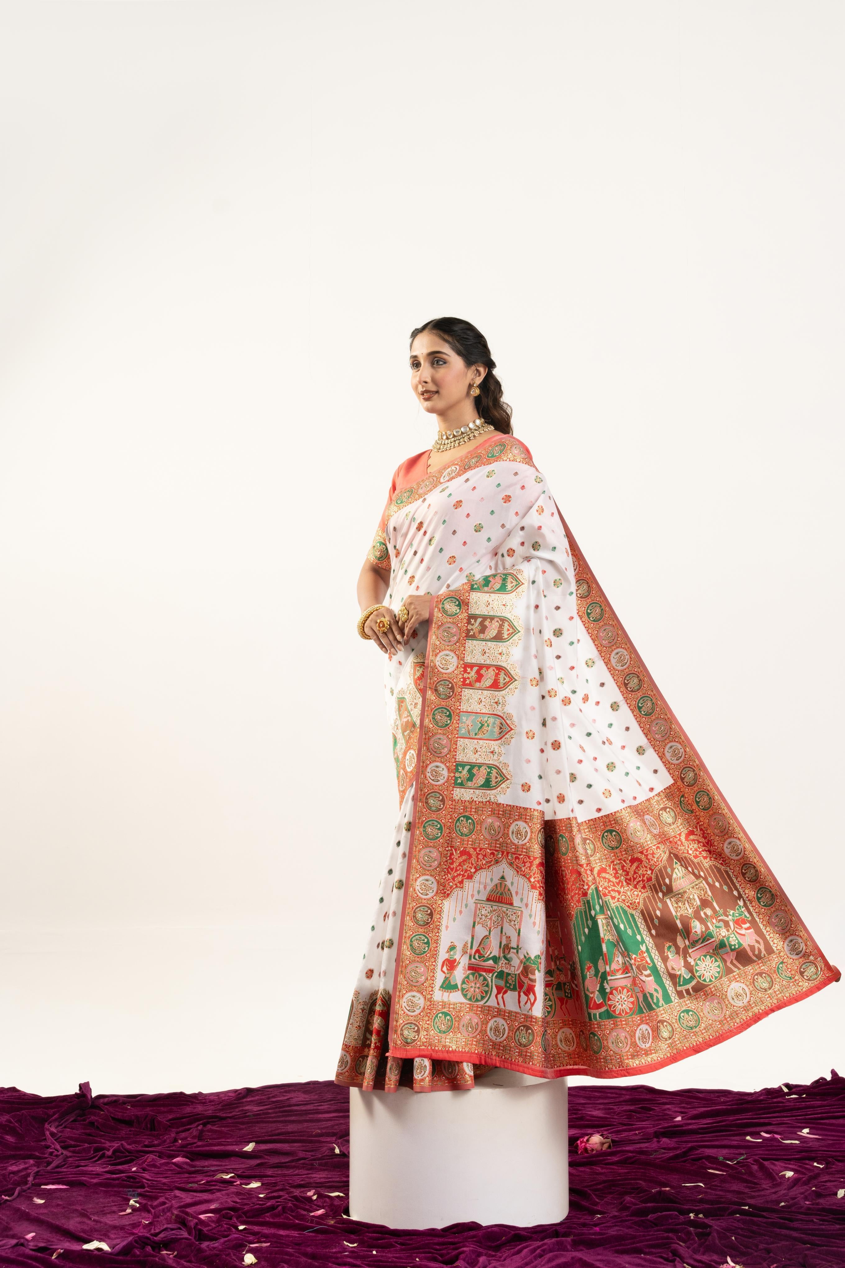 Jyoti Fashion Women's White Banarasi Pashmina Soft Silk Zari Woven Saree with Blouse - Distacart